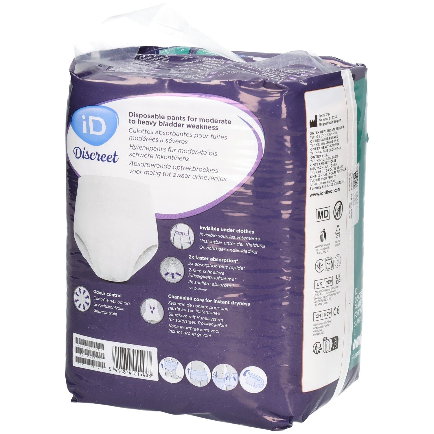 Rückseite der Verpackung von ID Discreet Pants. Produktinformationen, Logo und Hinweise zur Verwendung.