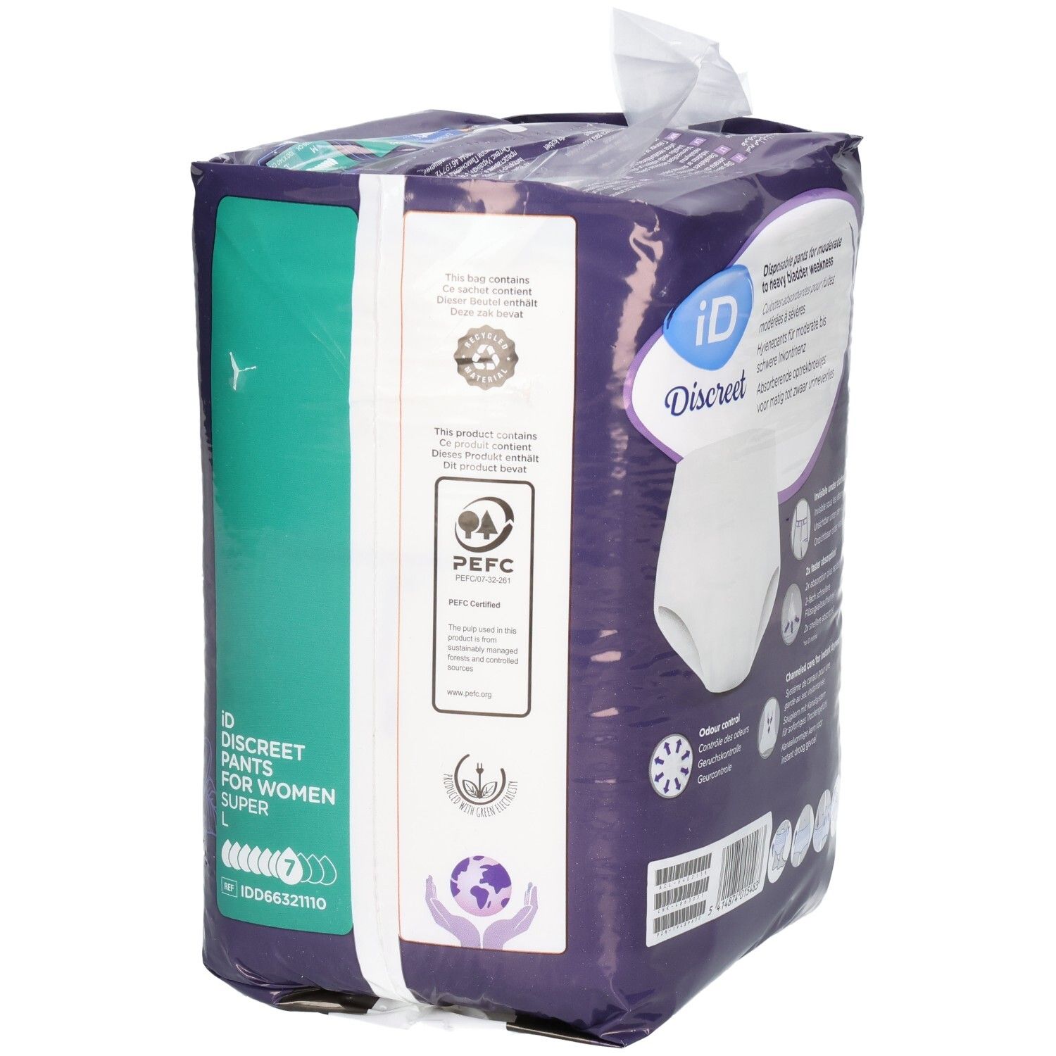Verpackung von ID Discreet Pants. Rückseite mit Logo, Produktinformationen und Umweltzeichen.