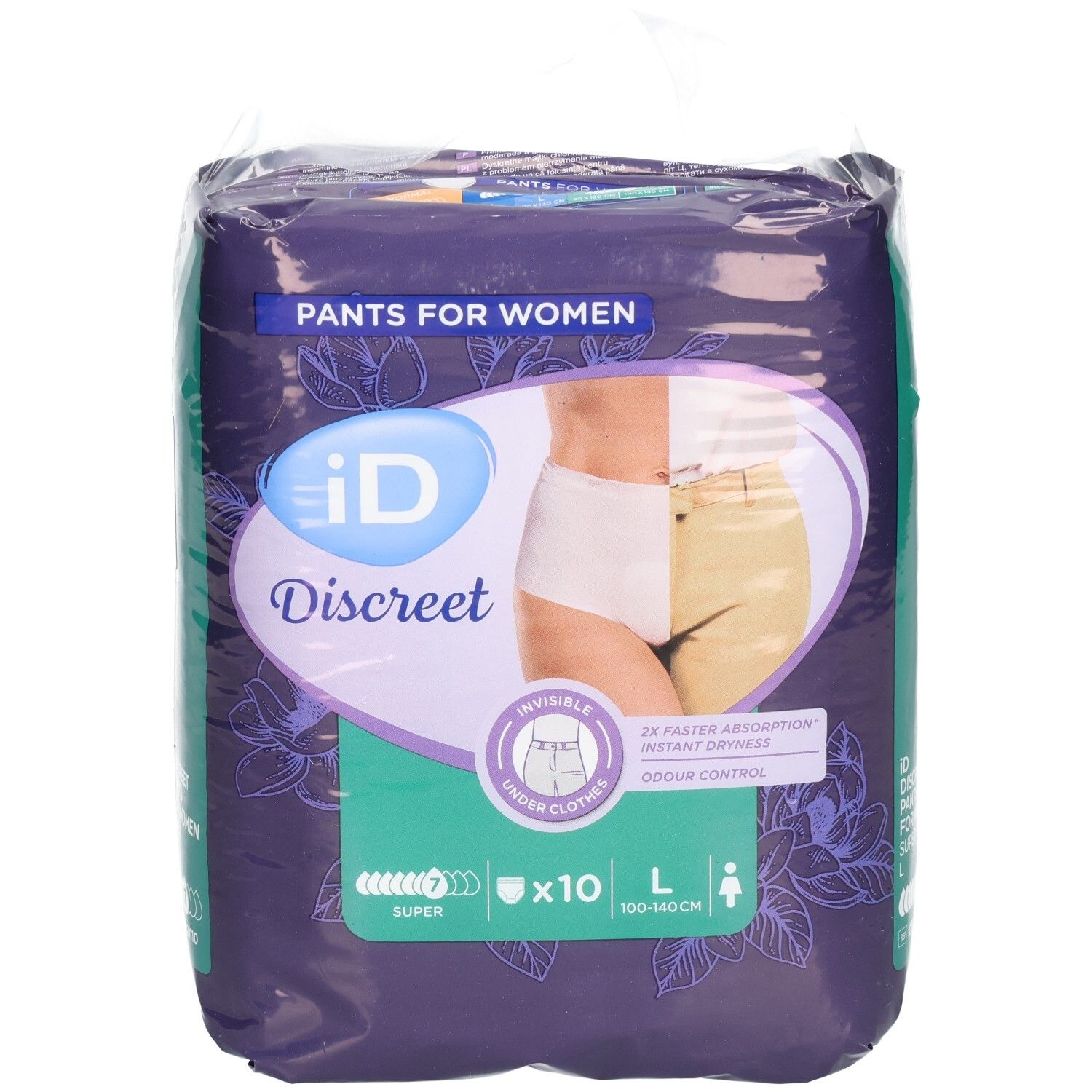 Verpackung von ID Discreet Pants für Frauen. Größe L, Super, 10 Stück. Sichtbare Merkmale: Logo, Produktabbildung.