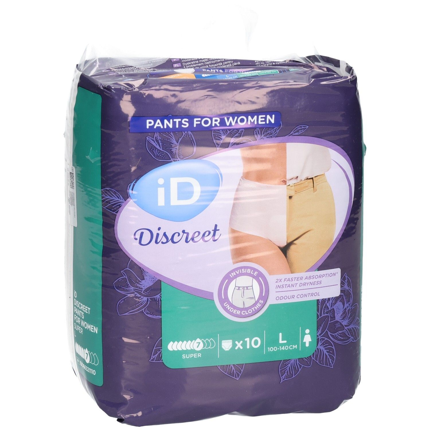 Verpackung von ID Discreet Pants für Frauen. Größe L, Super, 10 Stück. Sichtbare Merkmale: Logo, Produktabbildung.