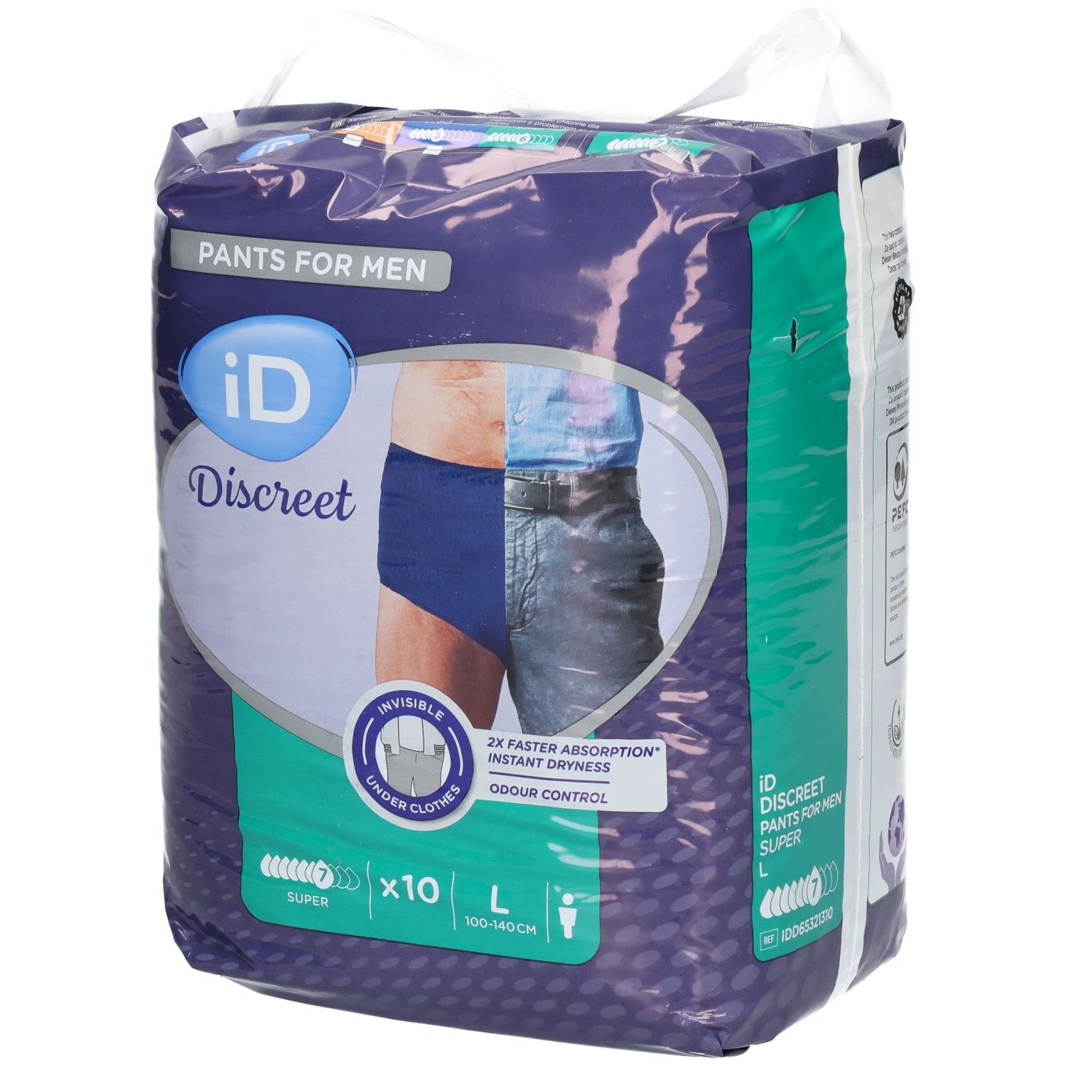 Verpackung ID Discreet Pants L Men Super Btl. Zeigt Produktabbildung. Enthält 10 Stück. Größe L, 100-140 cm. Sichtbare Merkmale.