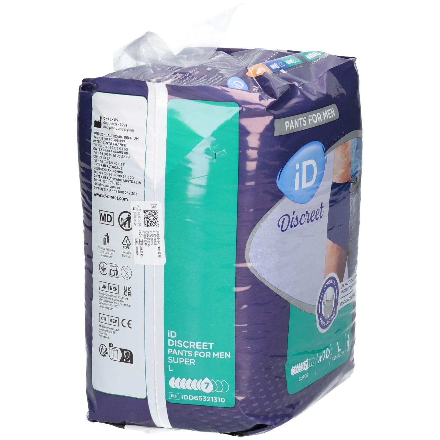 Verpackung ID Discreet Pants L Men Super Btl. Seitenansicht. Enthält Informationen und Logos. Größe L. Verpackungsinformationen.