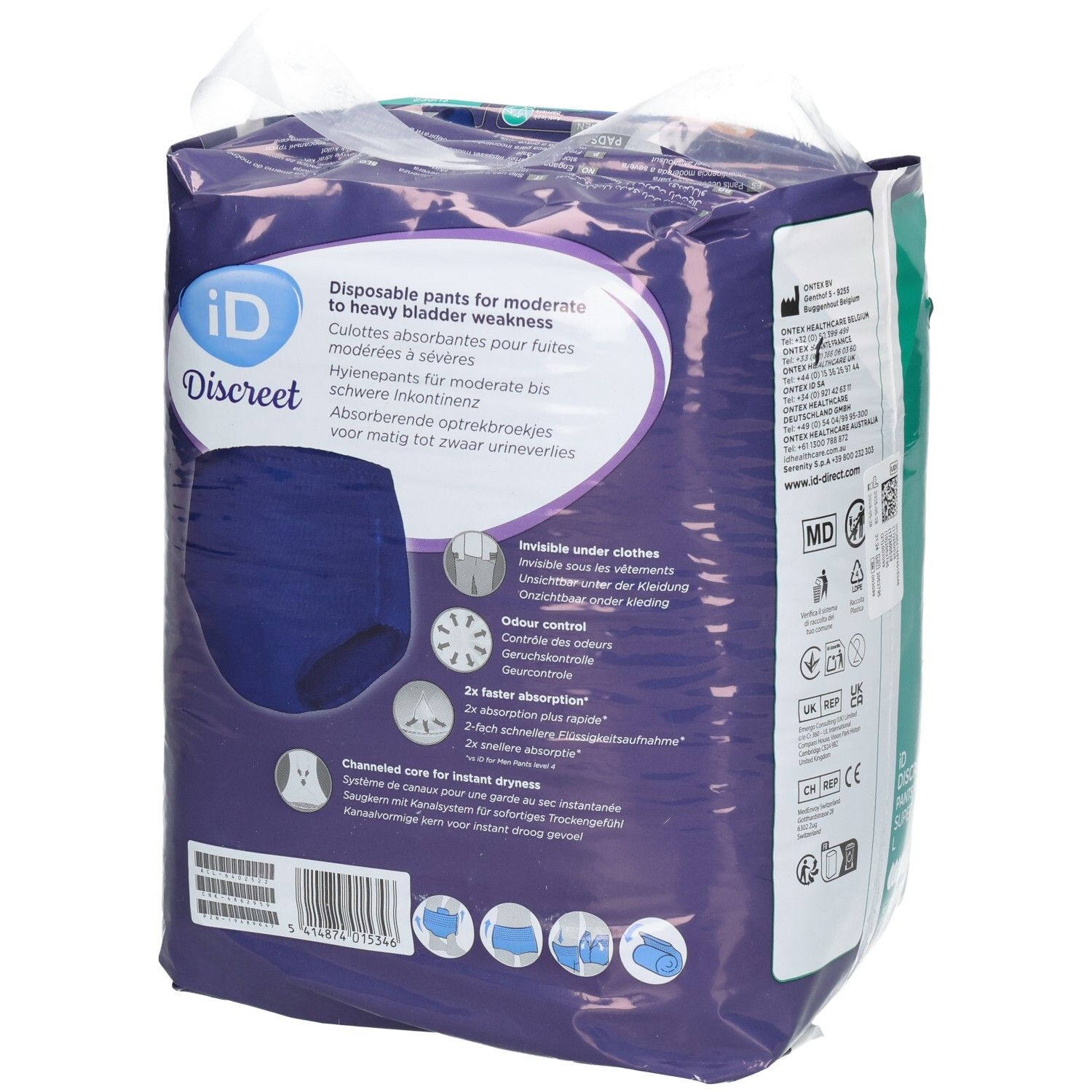Verpackung ID Discreet Pants L Men Super Btl. Rückseite. Enthält Produktinformationen und Logos. Größe L. Verpackungsdetails.