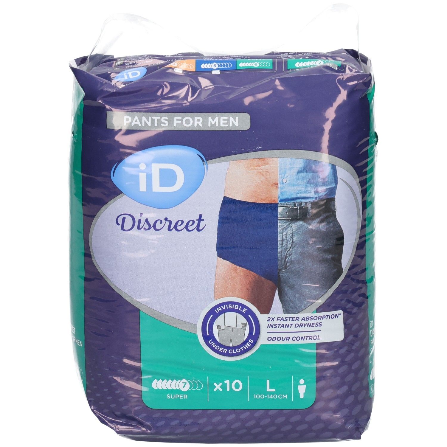 Verpackung ID Discreet Pants L Men Super Btl. Zeigt Produktabbildung. Enthält 10 Stück. Größe L, 100-140 cm. Sichtbare Merkmale.