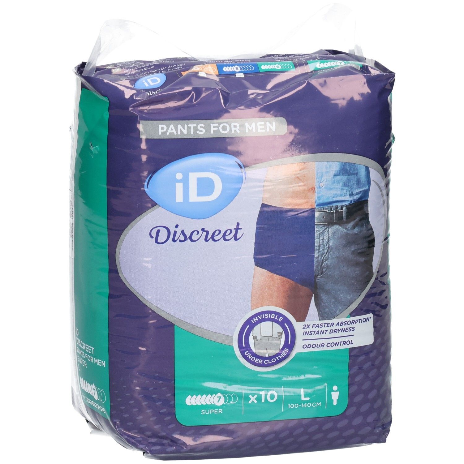 Verpackung ID Discreet Pants L Men Super Btl. Zeigt Produktabbildung. Enthält 10 Stück. Größe L, 100-140 cm. Sichtbare Merkmale.