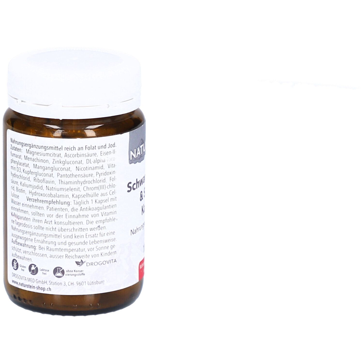 Braune Glasflasche mit weißem Deckel. Aufschrift: NATUR+STEIN Schwangerschaft & Stillzeit Kapseln. Text mit Inhaltsstoffen.