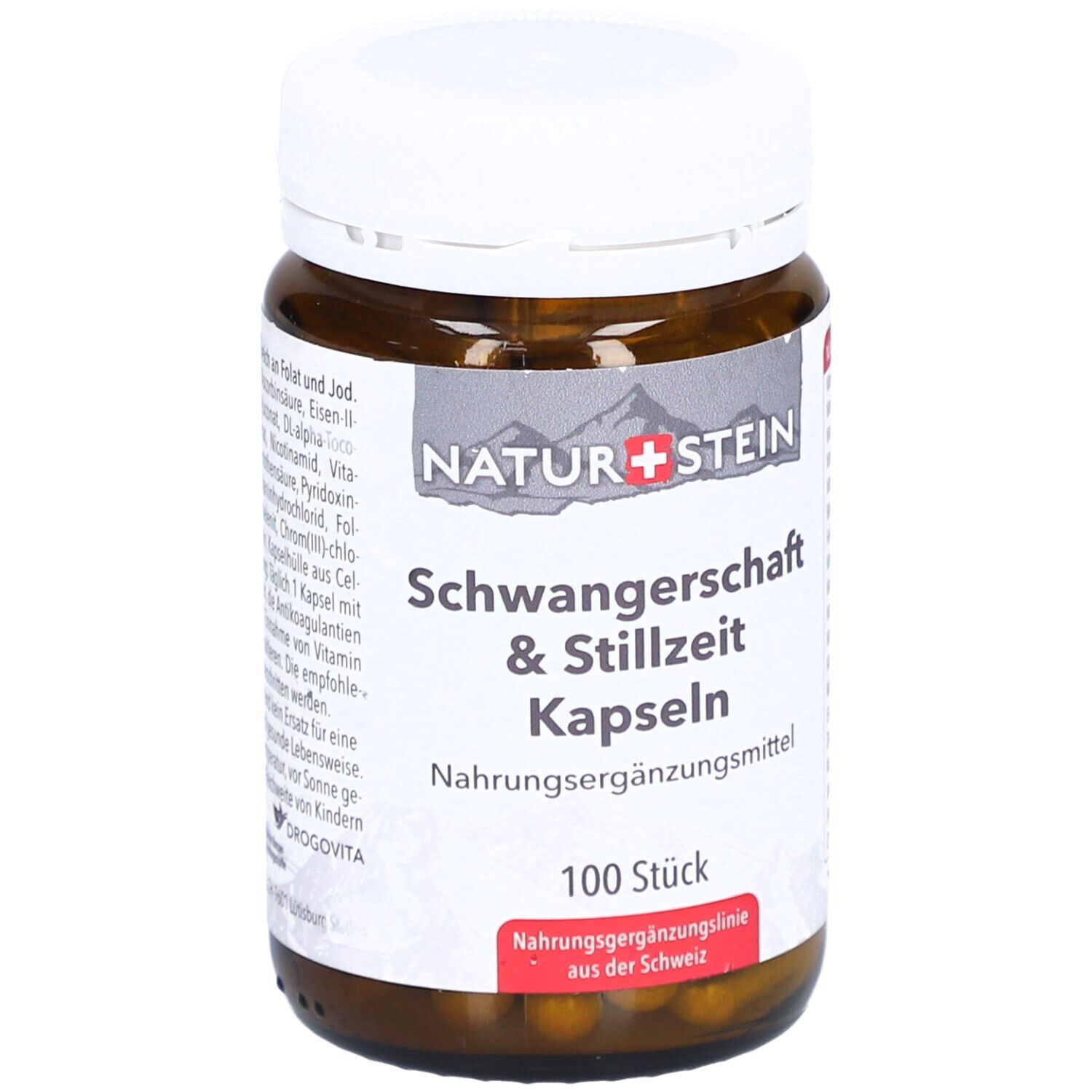 Braune Glasflasche mit weißem Deckel. Aufschrift: NATUR+STEIN Schwangerschaft & Stillzeit Kapseln. 100 Stück.