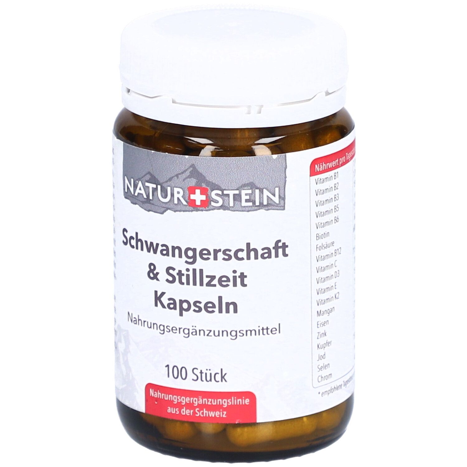 Braune Glasflasche mit weißem Deckel. Aufschrift: NATUR+STEIN Schwangerschaft & Stillzeit Kapseln. 100 Stück. Nährwertangaben.