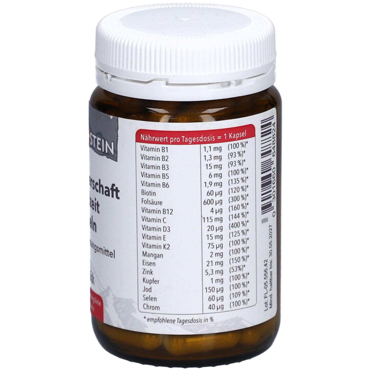 Braune Glasflasche mit weißem Deckel. Nährwertangaben pro Kapsel. Aufschrift: NATUR+STEIN Schwangerschaft & Stillzeit Kapseln.