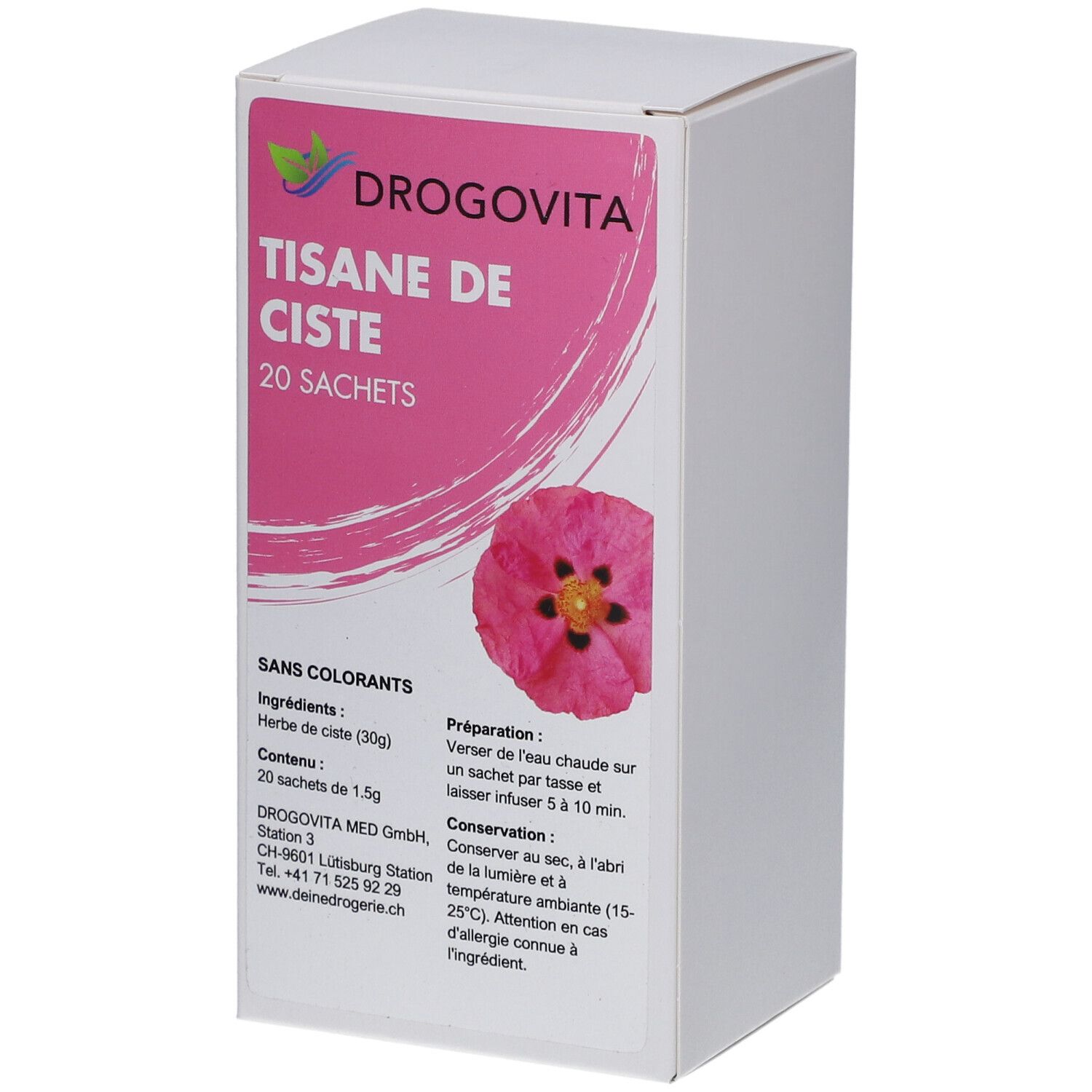 Boîte blanche avec étiquette rose. DROGOVITA, TISANE DE CISTE, 20 sachets. Image d'une fleur rose. Texte en français.