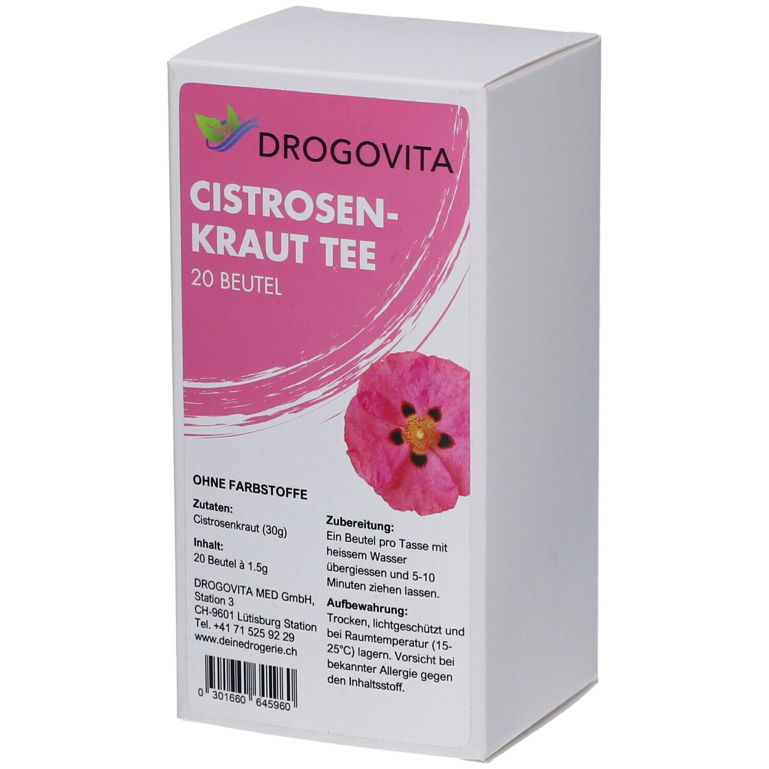 Boîte blanche avec étiquette rose. DROGOVITA, CISTROSEN-KRAUT TEE, 20 sachets. Image d'une fleur rose. Texte en allemand.