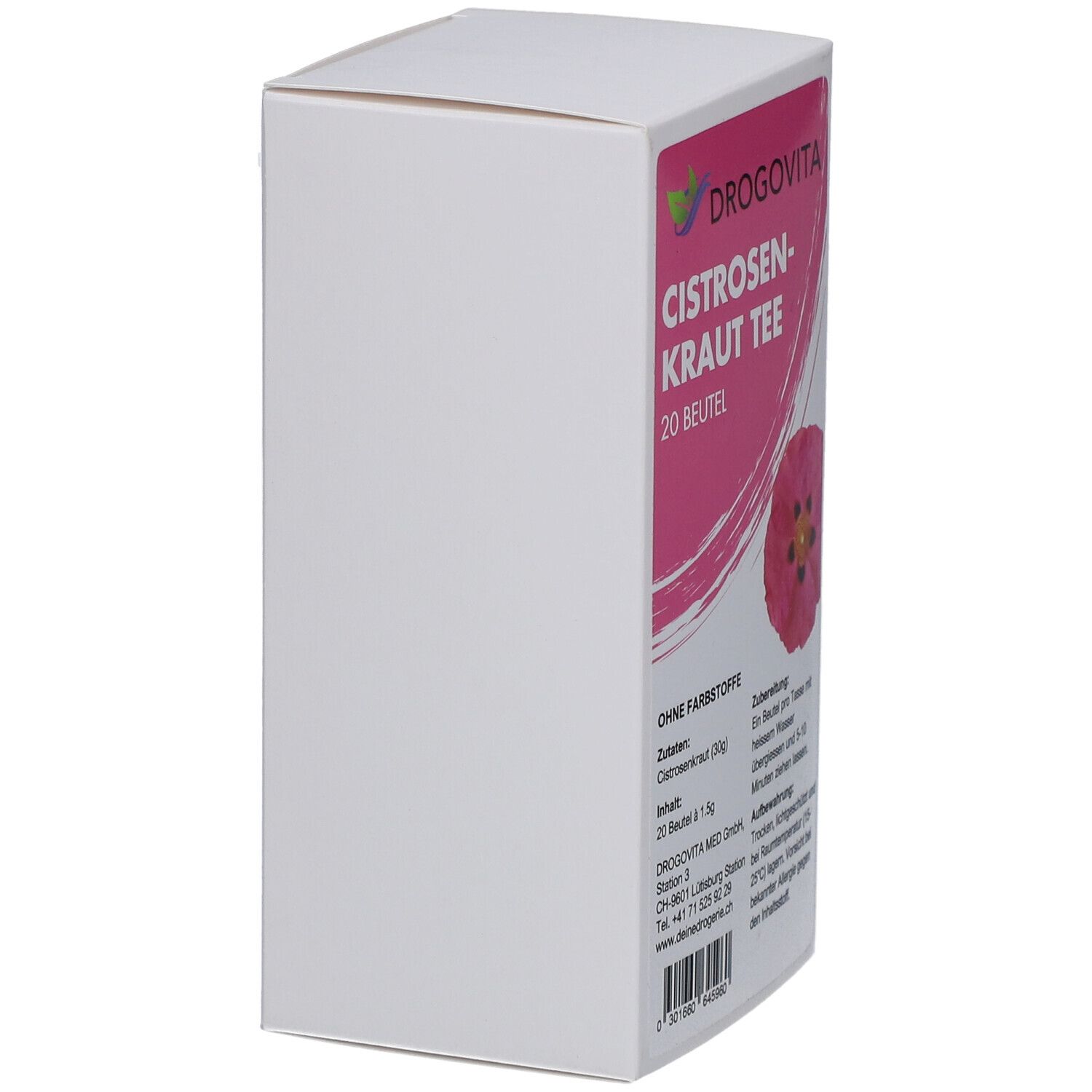 Boîte blanche avec étiquette rose. DROGOVITA, CISTROSEN-KRAUT TEE, 20 sachets. Texte en allemand. Vue latérale.