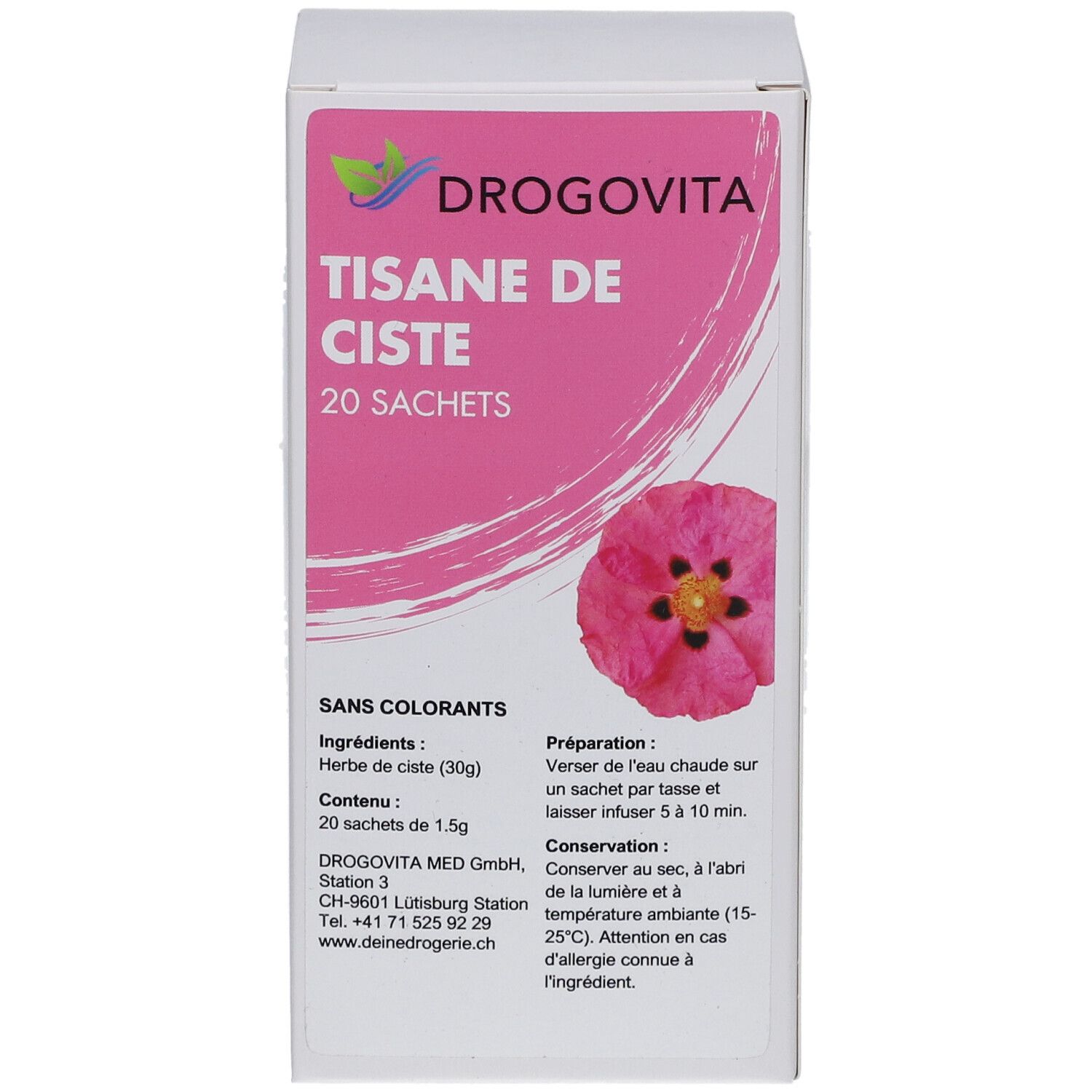 Boîte blanche avec étiquette rose. DROGOVITA, TISANE DE CISTE, 20 sachets. Image d'une fleur rose. Texte en français.