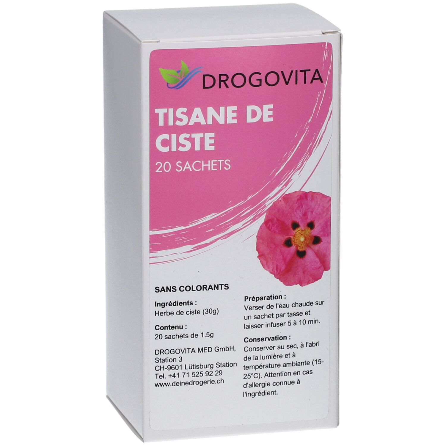 Boîte blanche avec étiquette rose. DROGOVITA, TISANE DE CISTE, 20 sachets. Image d'une fleur rose. Texte en français.