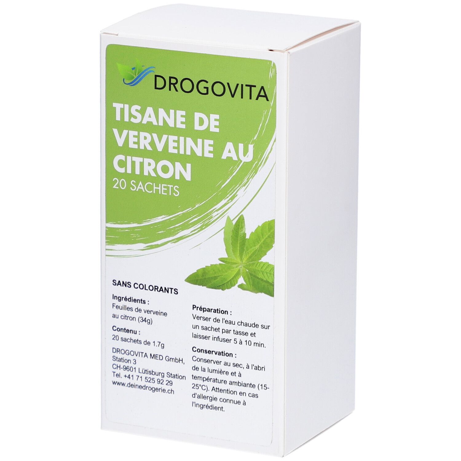 Boîte en carton blanche avec étiquette verte. DROGOVITA Tisane de Verveine au Citron, 20 sachets. Ingrédients et instructions en français. Sans colorants.