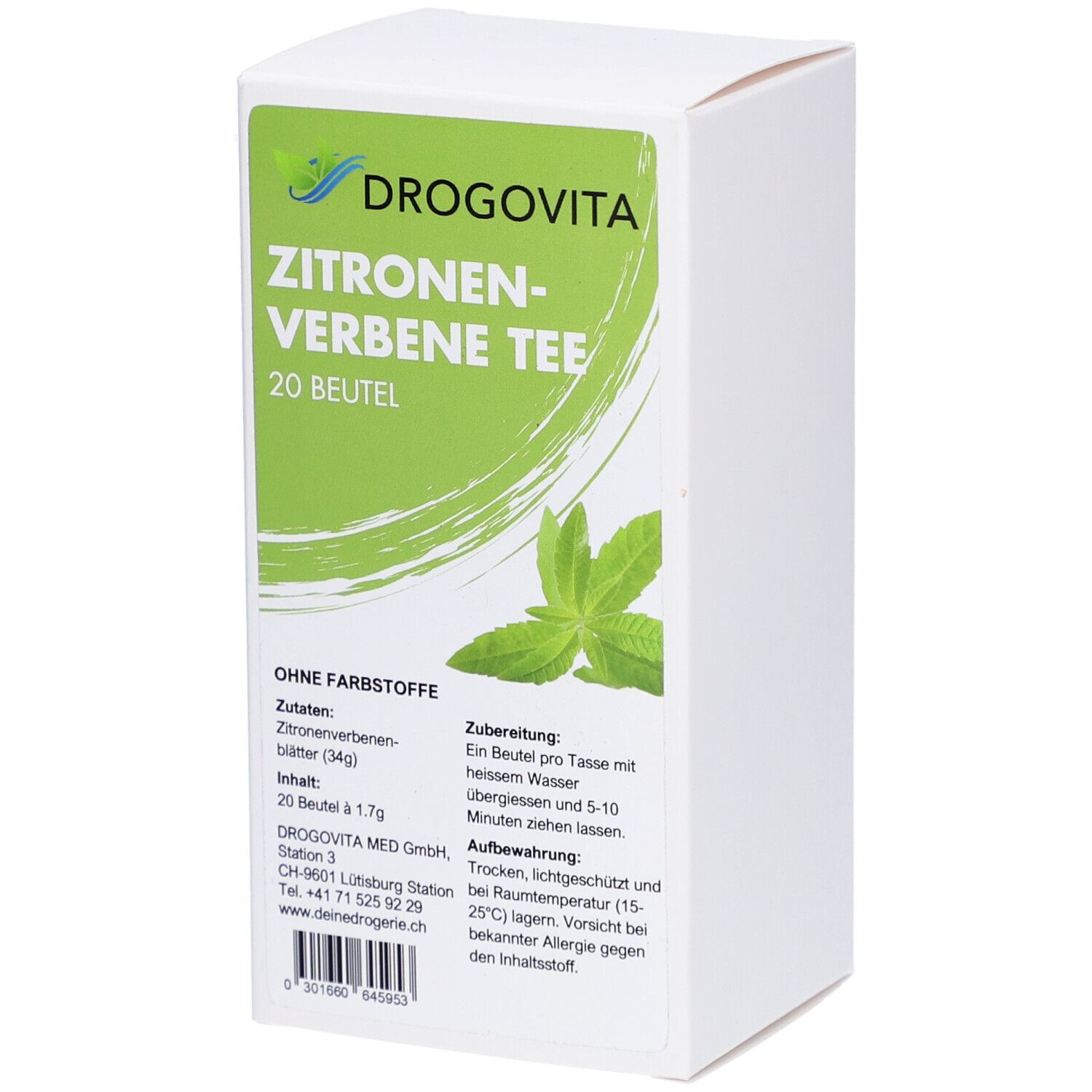 Boîte en carton blanche avec étiquette verte. DROGOVITA Zitronen-Verbenen Tee, 20 Beutel. Ingrédients, préparation et conservation en allemand.