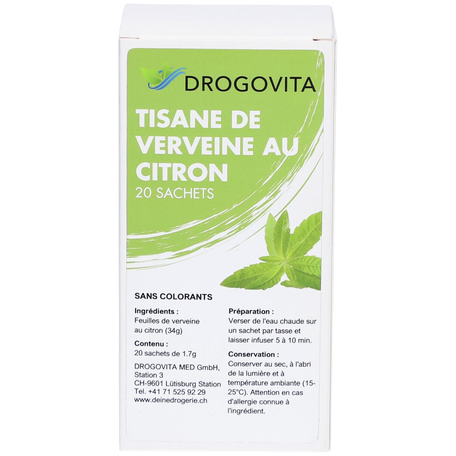 Boîte en carton blanche avec étiquette verte. DROGOVITA Tisane de Verveine au Citron, 20 sachets. Ingrédients et instructions en français. Sans colorants.