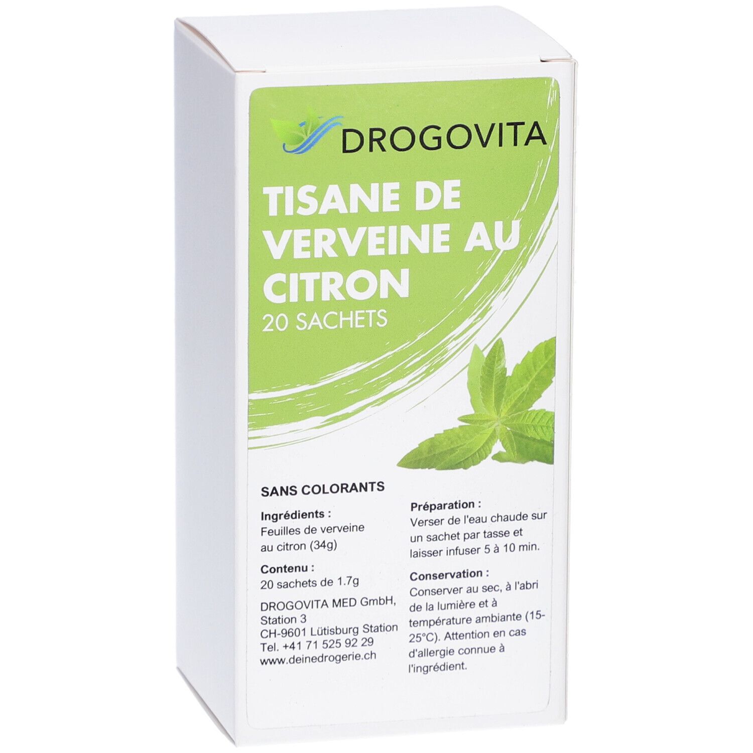 Boîte en carton blanche avec étiquette verte. DROGOVITA Tisane de Verveine au Citron, 20 sachets. Ingrédients et instructions en français. Sans colorants.