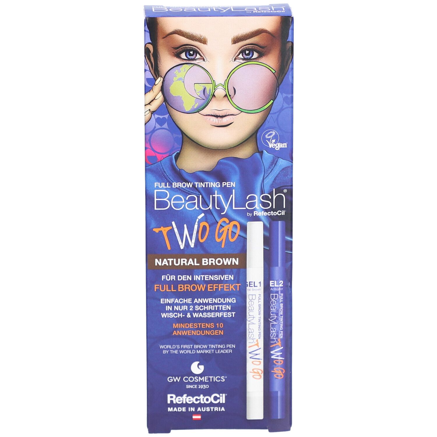 BeautyLash Two Go Verpackung mit Stift und Tube. Auf der Verpackung ist ein Gesicht mit Brille abgebildet.