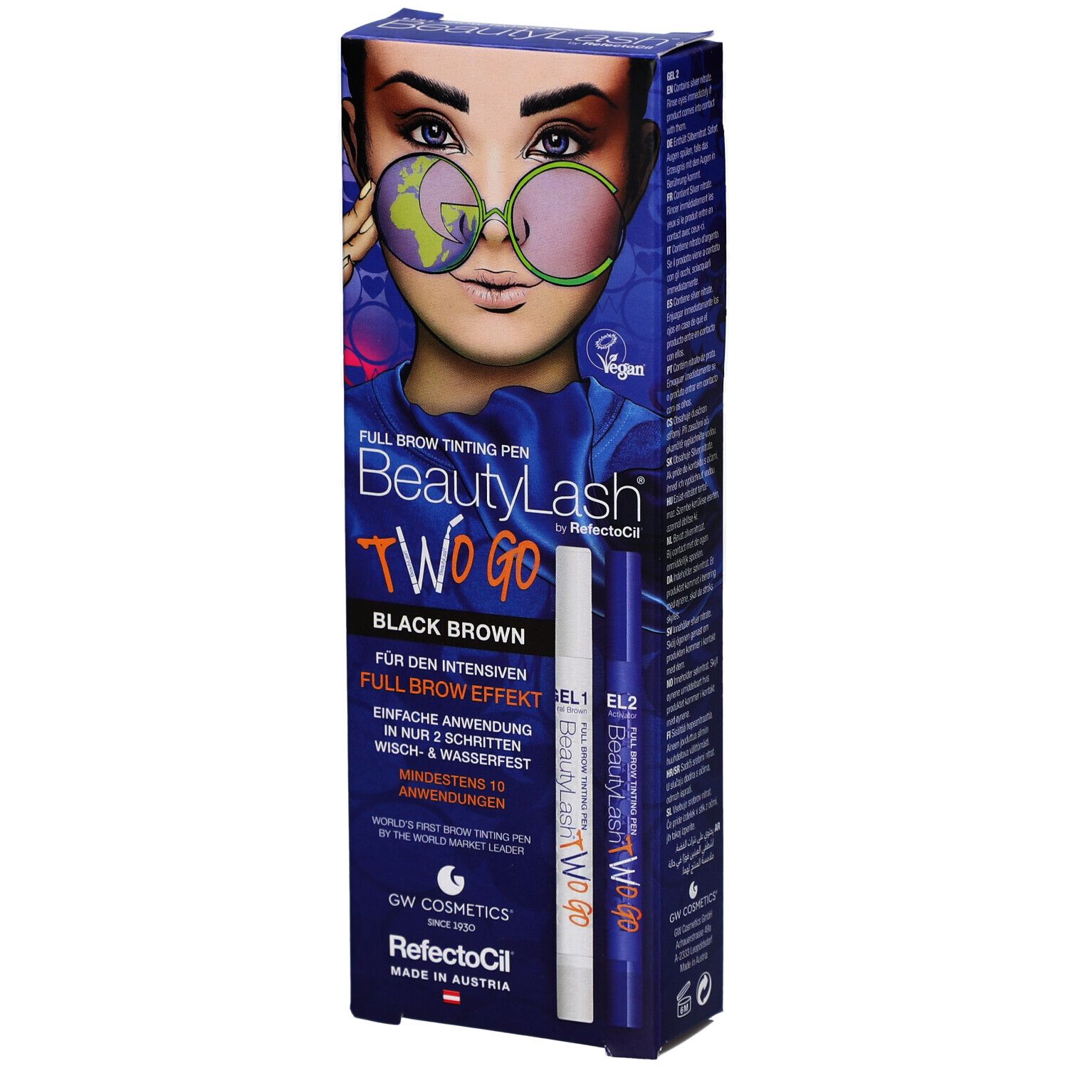 RefectoCil BeautyLash TWO GO Färbstift Black Brown. Verpackung mit Stiften und Abbildung eines Gesichts.