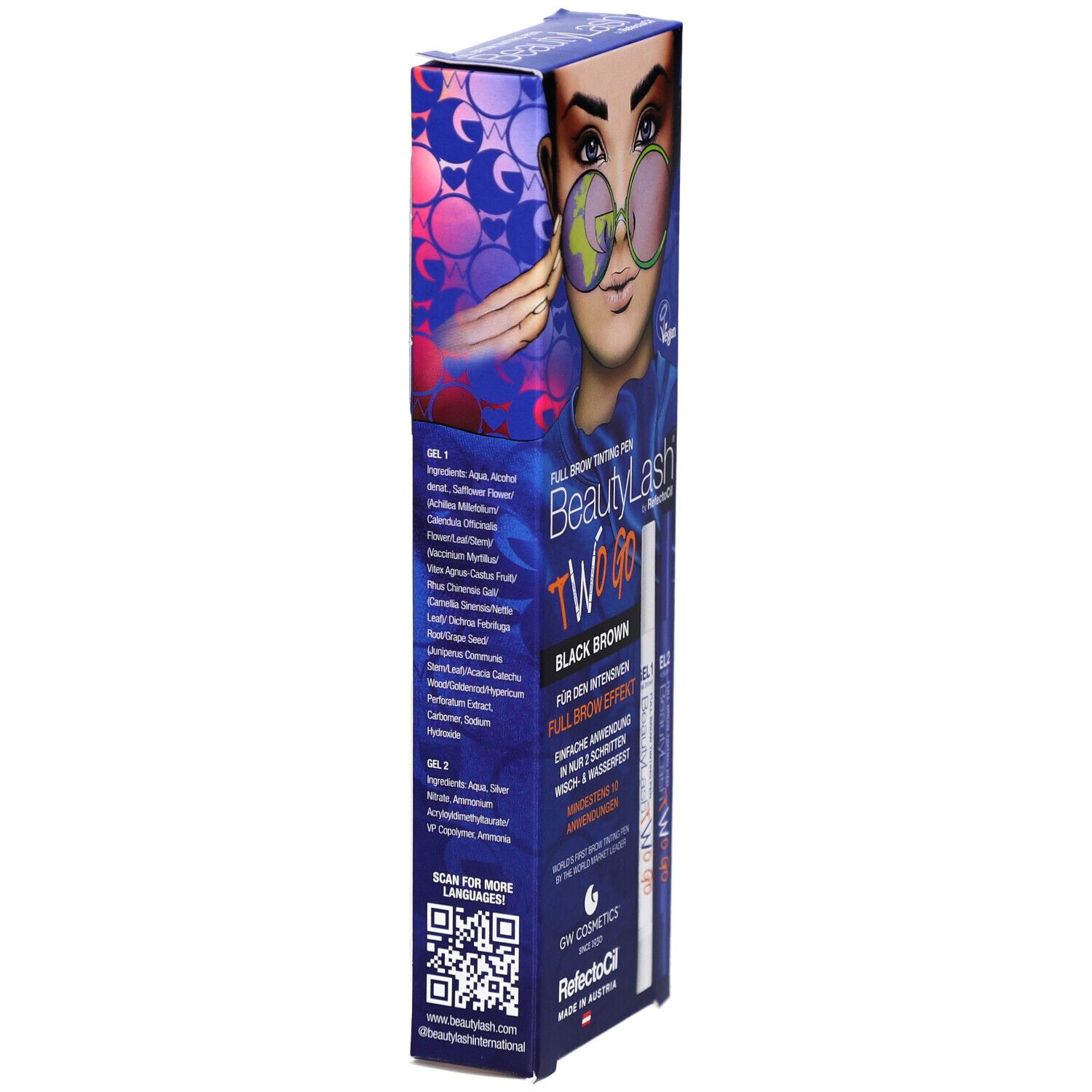 RefectoCil BeautyLash TWO GO Black Brown. Verpackung, Seitenansicht mit Text und QR-Code.