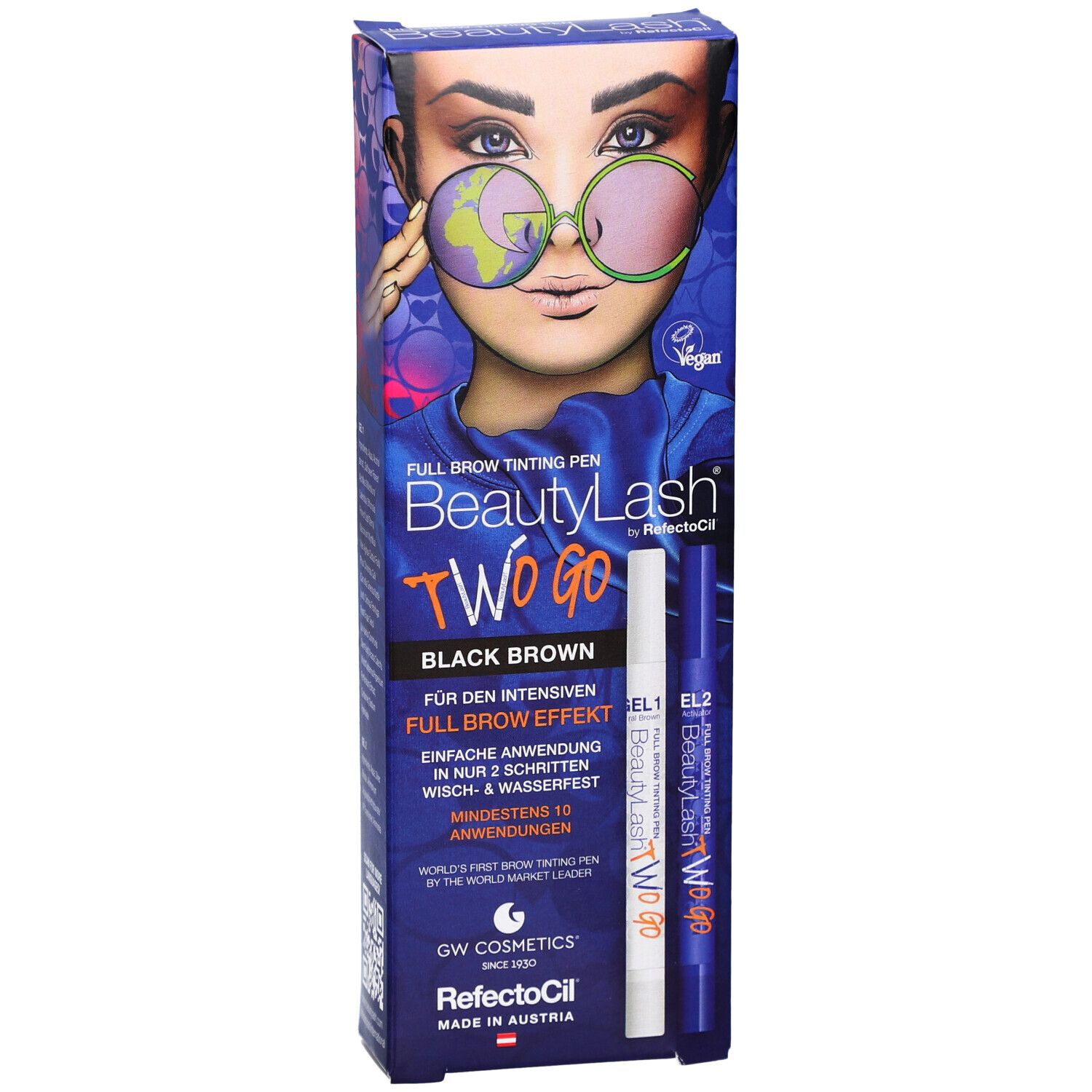 RefectoCil BeautyLash TWO GO Black Brown. Verpackung mit Stiften und Abbildung eines Gesichts.
