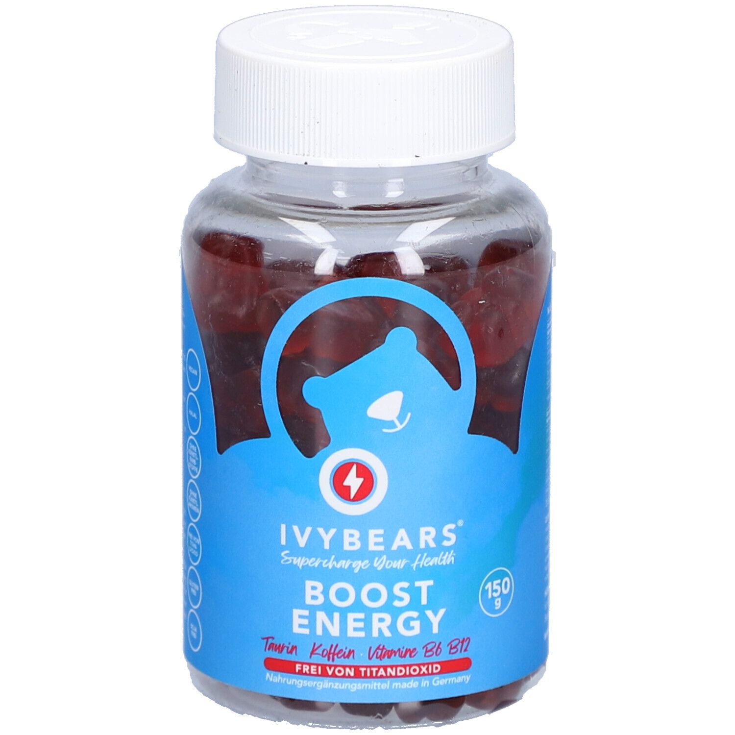 Klare Dose mit roten Gummibärchen. Weißer Deckel. Blaue Etikett mit Text: IVYBEARS Boost Energy, Taurin, Koffein, Vitamine B6, B12.