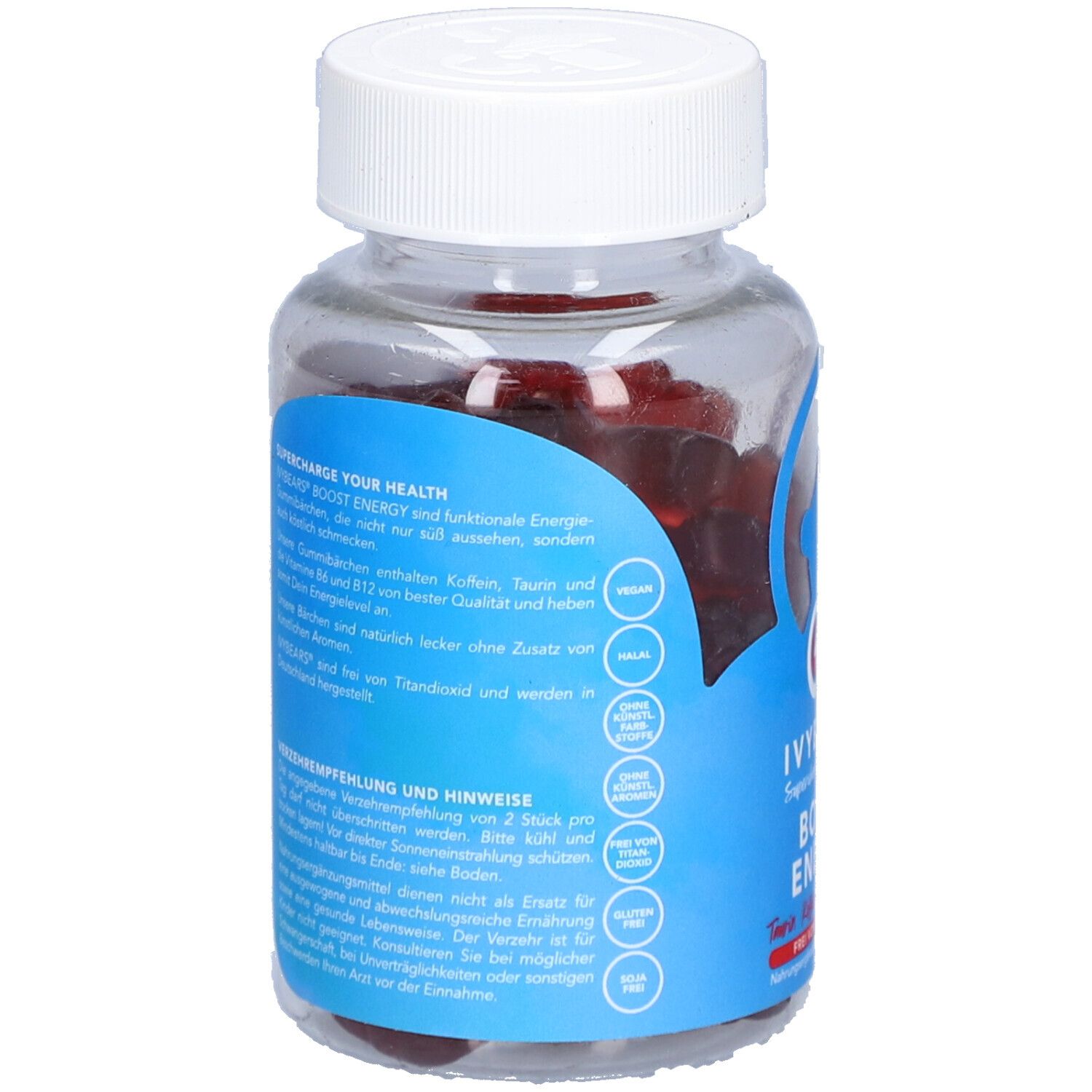 Rückansicht der Dose mit roten Gummibärchen. Blaue Etikett mit Text und Logos. Vegan, Halal, Glutenfrei, ohne Titandioxid.