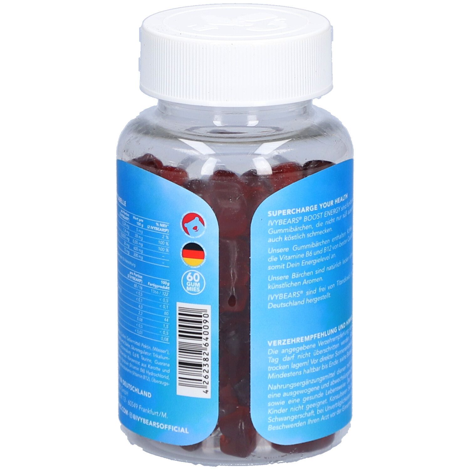 Rückansicht der Dose mit roten Gummibärchen. Blaue Etikett mit Text und Nährwerttabelle. 60 Stück. Hergestellt in Deutschland.