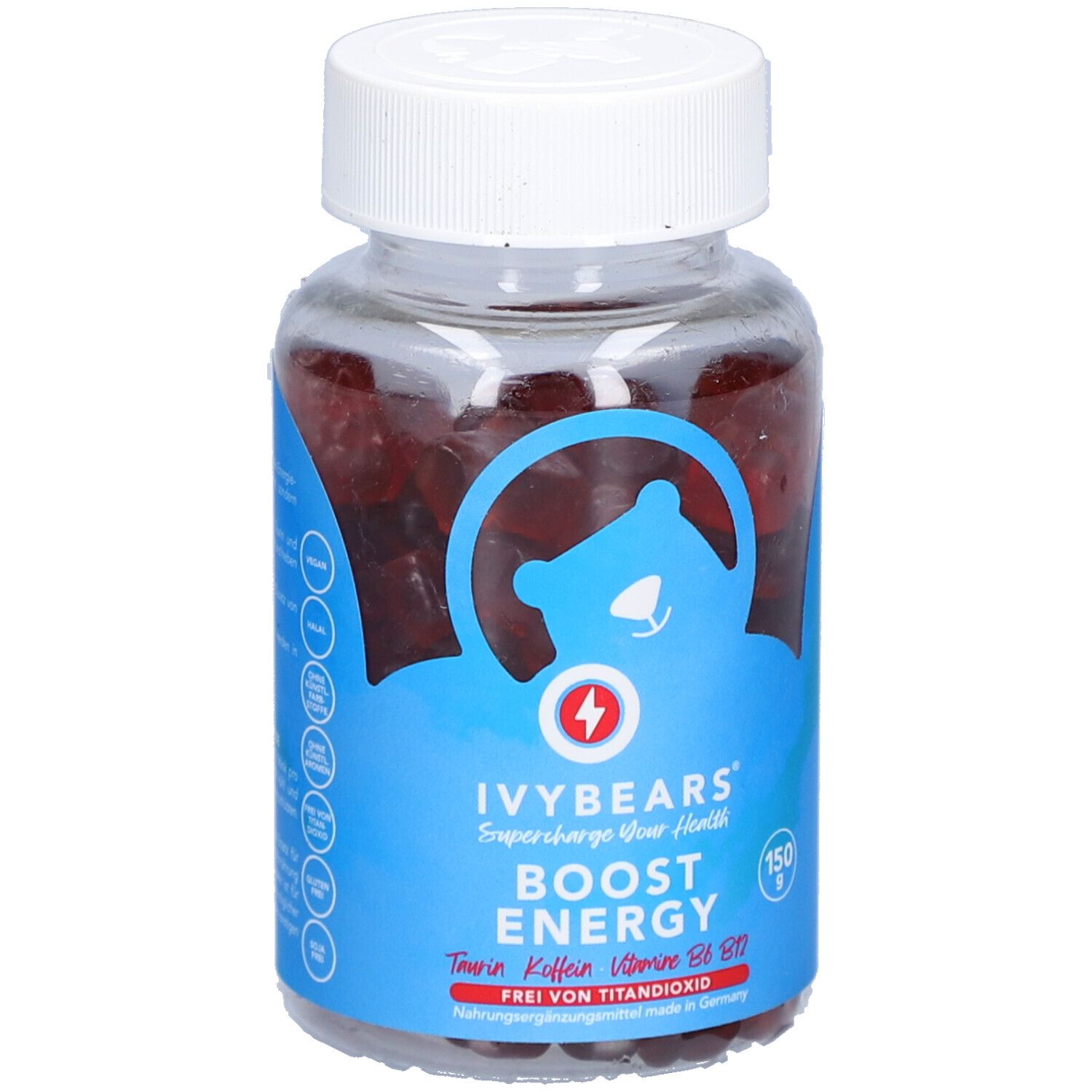 Klare Dose mit roten Gummibärchen. Weißer Deckel. Blaues Etikett mit Text: IVYBEARS Boost Energy, Taurin, Koffein, Vitamine B6, B12.