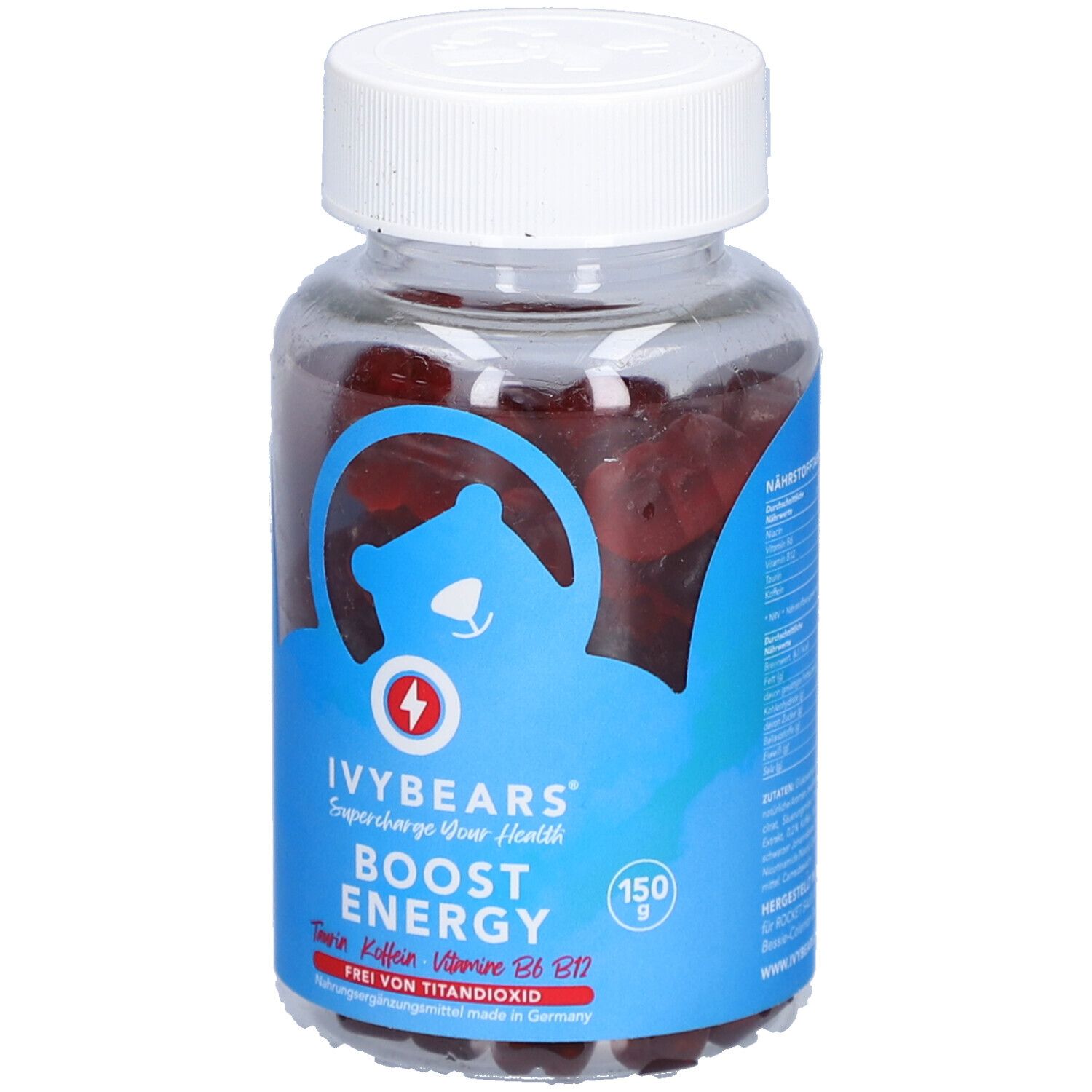 Klare Dose mit roten Gummibärchen. Weißer Deckel. Blaues Etikett mit Text: IVYBEARS Boost Energy, Taurin, Koffein, Vitamine B6, B12.