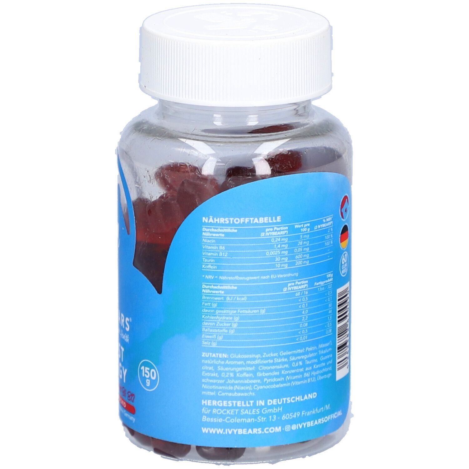 Rückansicht der Dose mit roten Gummibärchen. Blaue Etikett mit Text und Nährwerttabelle. 150 g. Hergestellt in Deutschland.