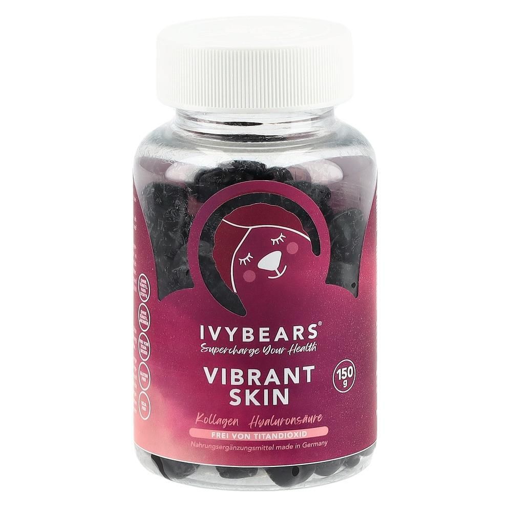 Transparente Dose mit schwarzen Gummibärchen. Auf dem Etikett steht IVYBEARS Vibrant Skin. Enthält Kollagen und Hyaluronsäure. Frei von Titandioxid.