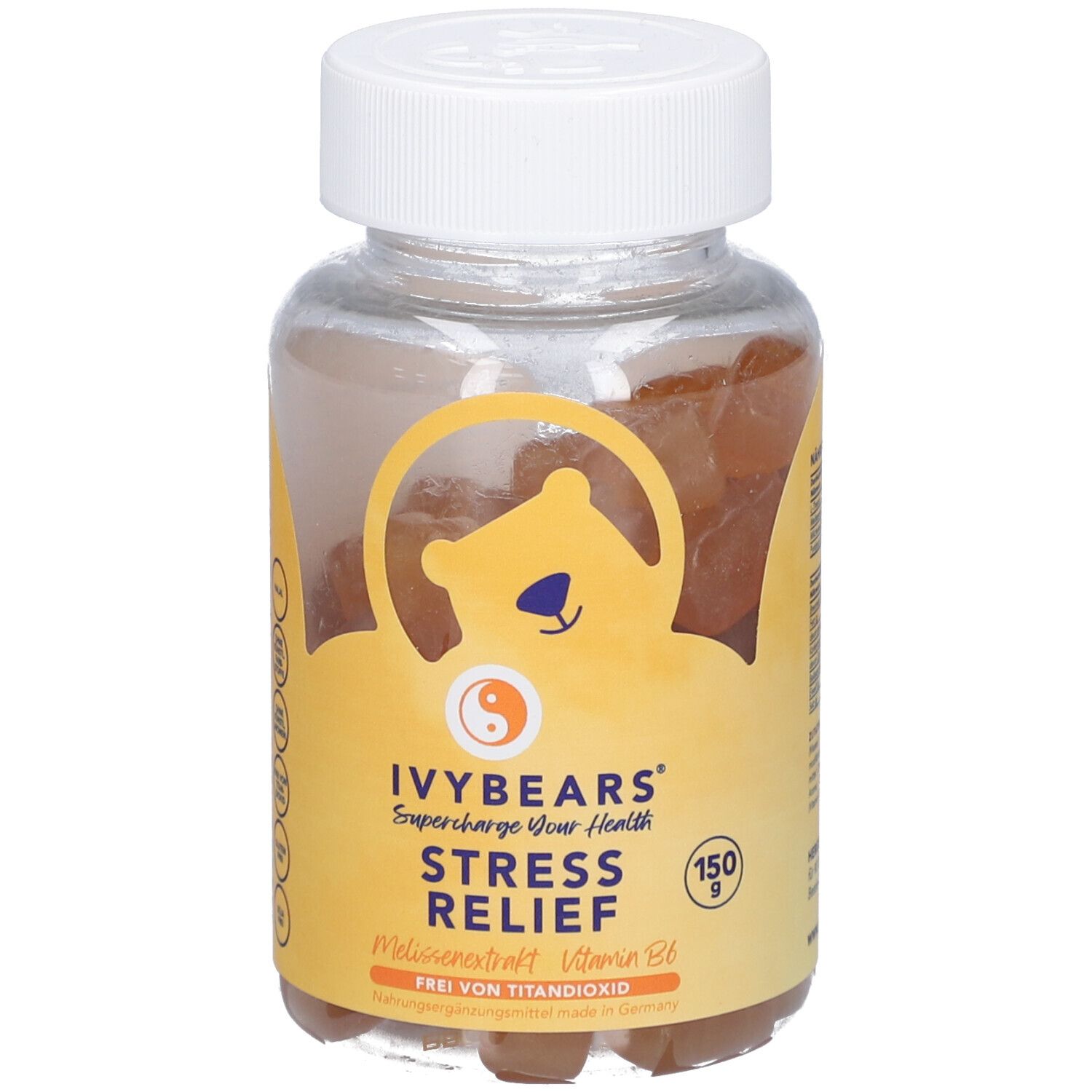 Flacon transparent avec oursons gélifiés. Étiquette avec logo IVYBEARS, nom du produit et ingrédients. Bouchon blanc.