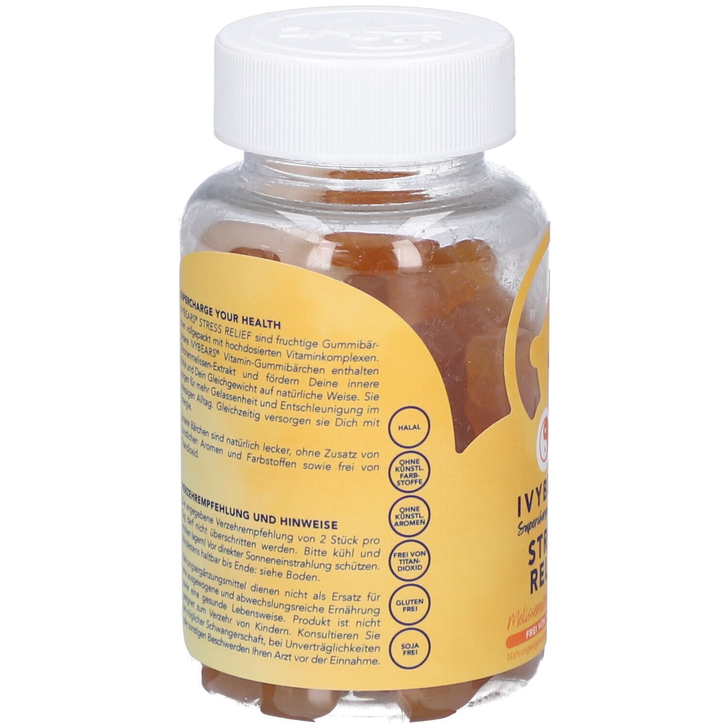 Dos du flacon avec texte. Contient des informations sur les ingrédients, l'utilisation et les certifications. Plusieurs logos.