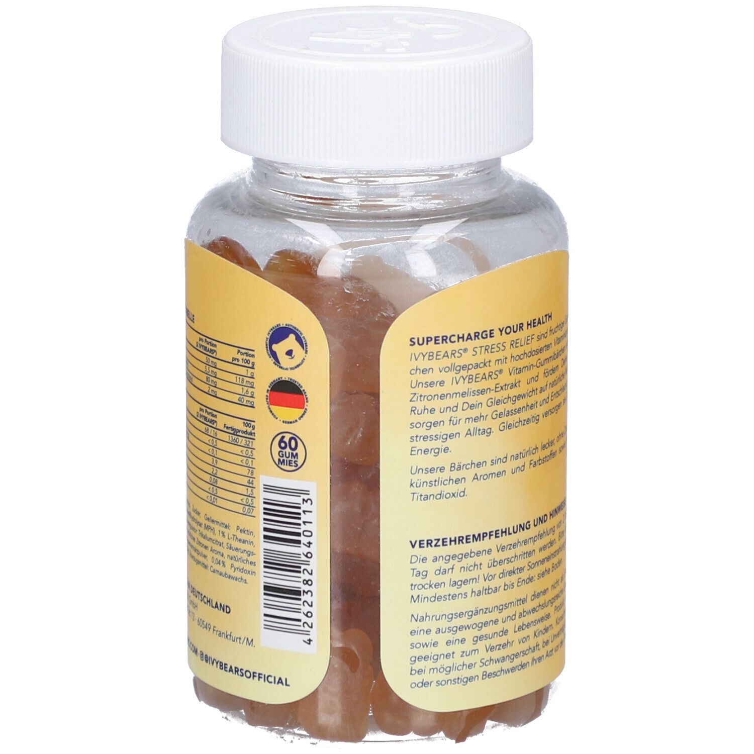 Flacon d'oursons gélifiés, vue arrière. Texte avec ingrédients et informations nutritionnelles. Logo et pays d'origine.