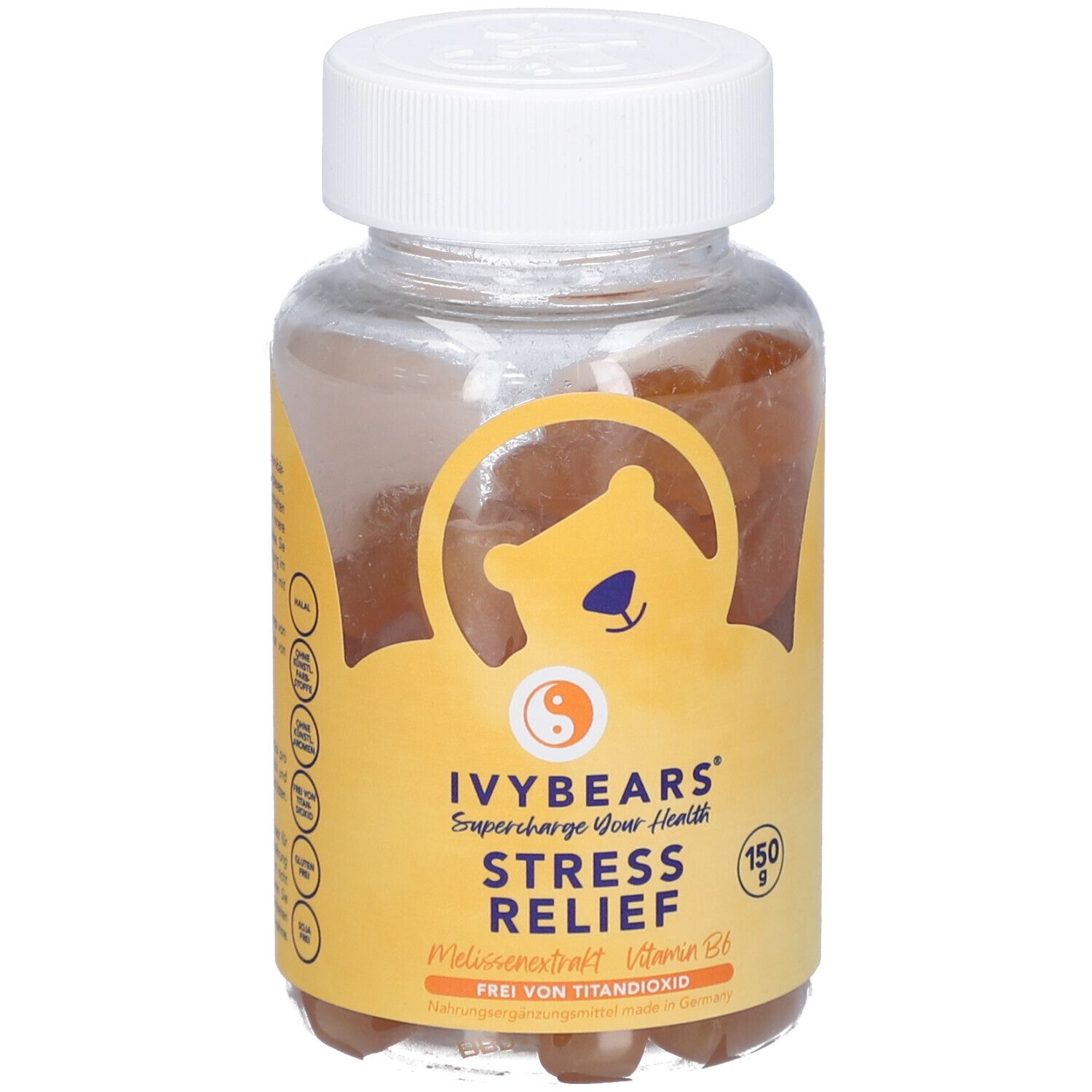 Flacon transparent avec oursons gélifiés. Étiquette avec logo IVYBEARS, nom du produit et ingrédients. Bouchon blanc.