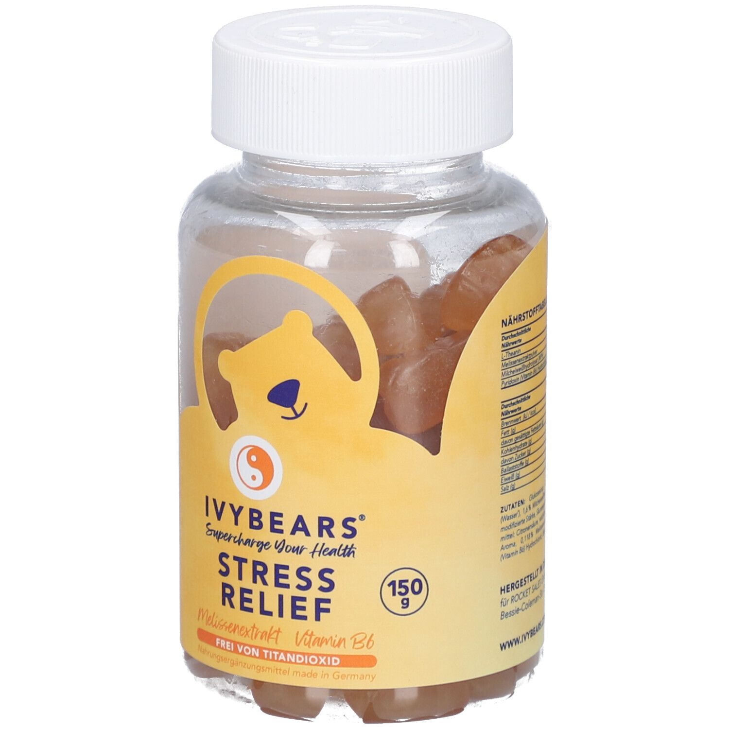 Flacon d'oursons gélifiés, légèrement en biais. Étiquette avec logo IVYBEARS, nom du produit et ingrédients. Bouchon blanc.