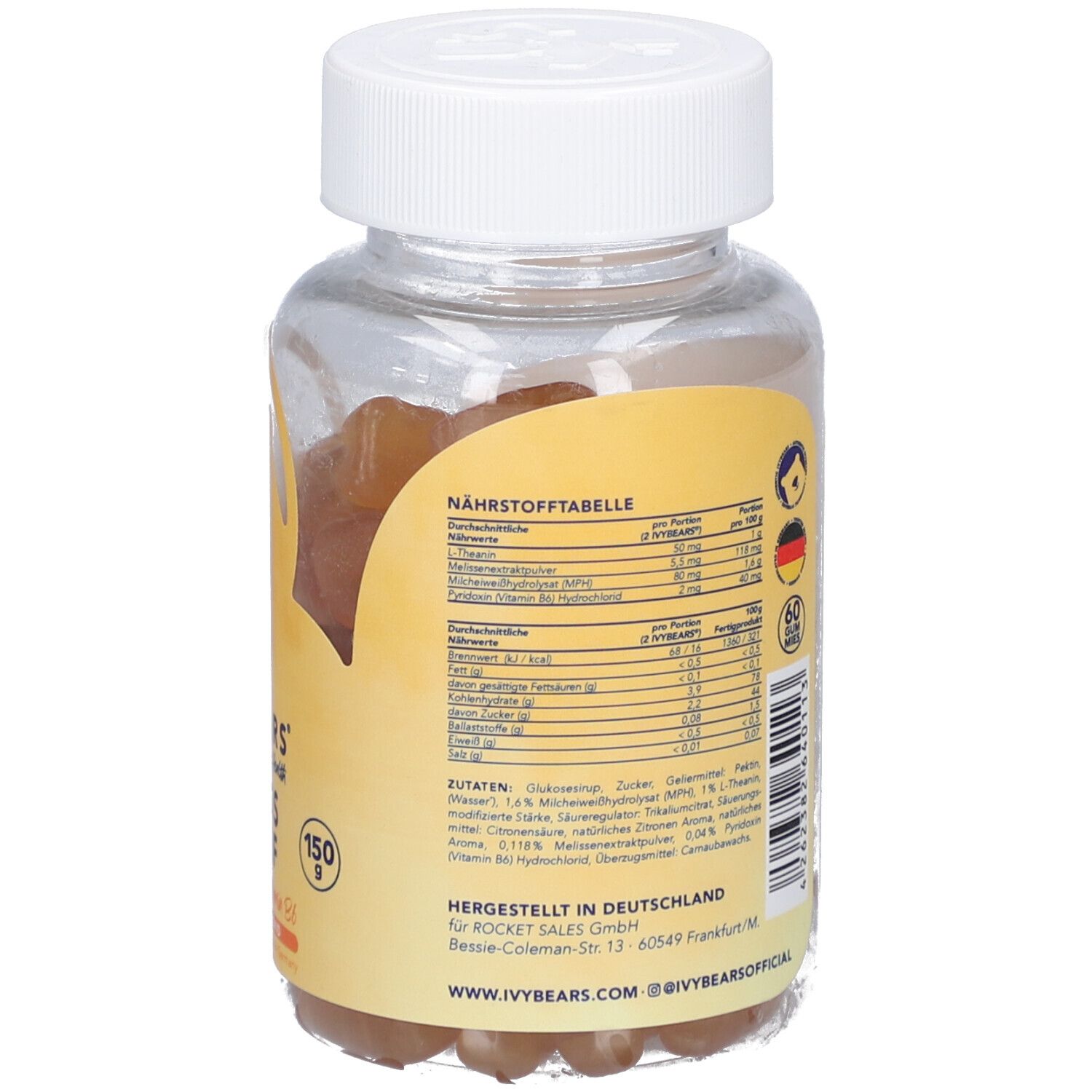 Dos du flacon avec tableau nutritionnel et ingrédients. Informations fabricant et logos.