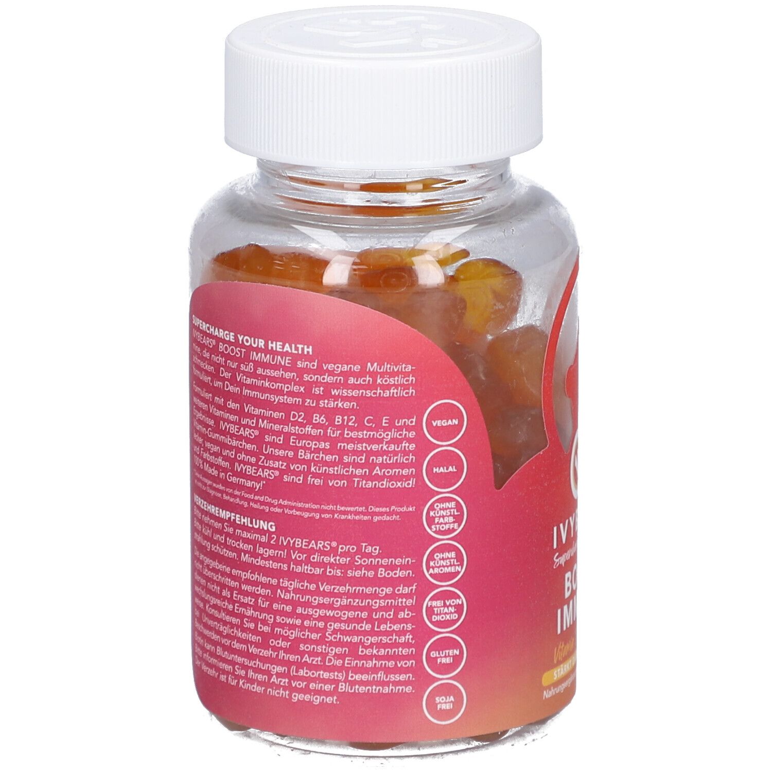 Rückseite der Dose mit Text. Enthält Informationen zu Inhaltsstoffen und Empfehlungen. Vegan, halal, ohne Zuckerzusatz, glutenfrei.