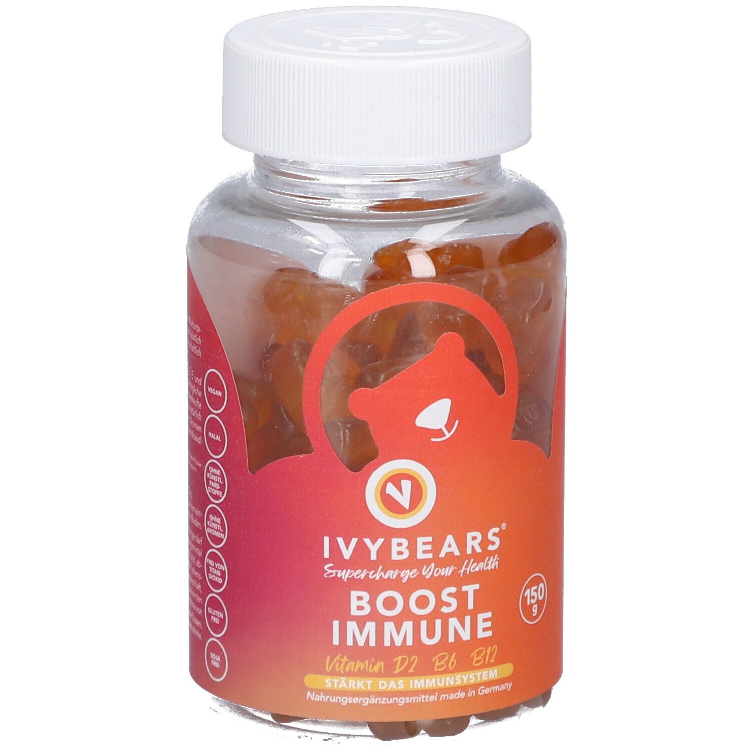 Klare Dose mit Gummibärchen. Aufkleber mit "IVYBEARS Boost Immune". Enthält Vitamine D2, B6, B12, C & E. Deckel weiß.