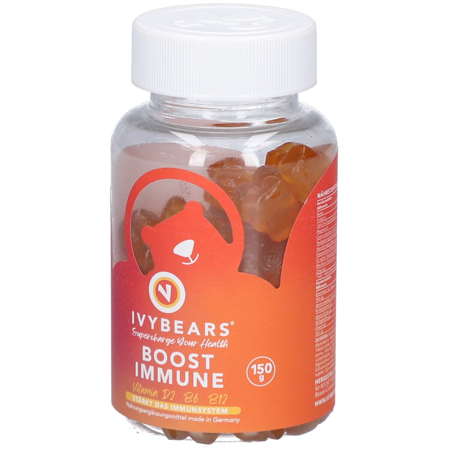 Klare Dose mit Gummibärchen. Aufkleber mit "IVYBEARS Boost Immune". Enthält Vitamine D2, B6, B12, C & E. Deckel weiß.