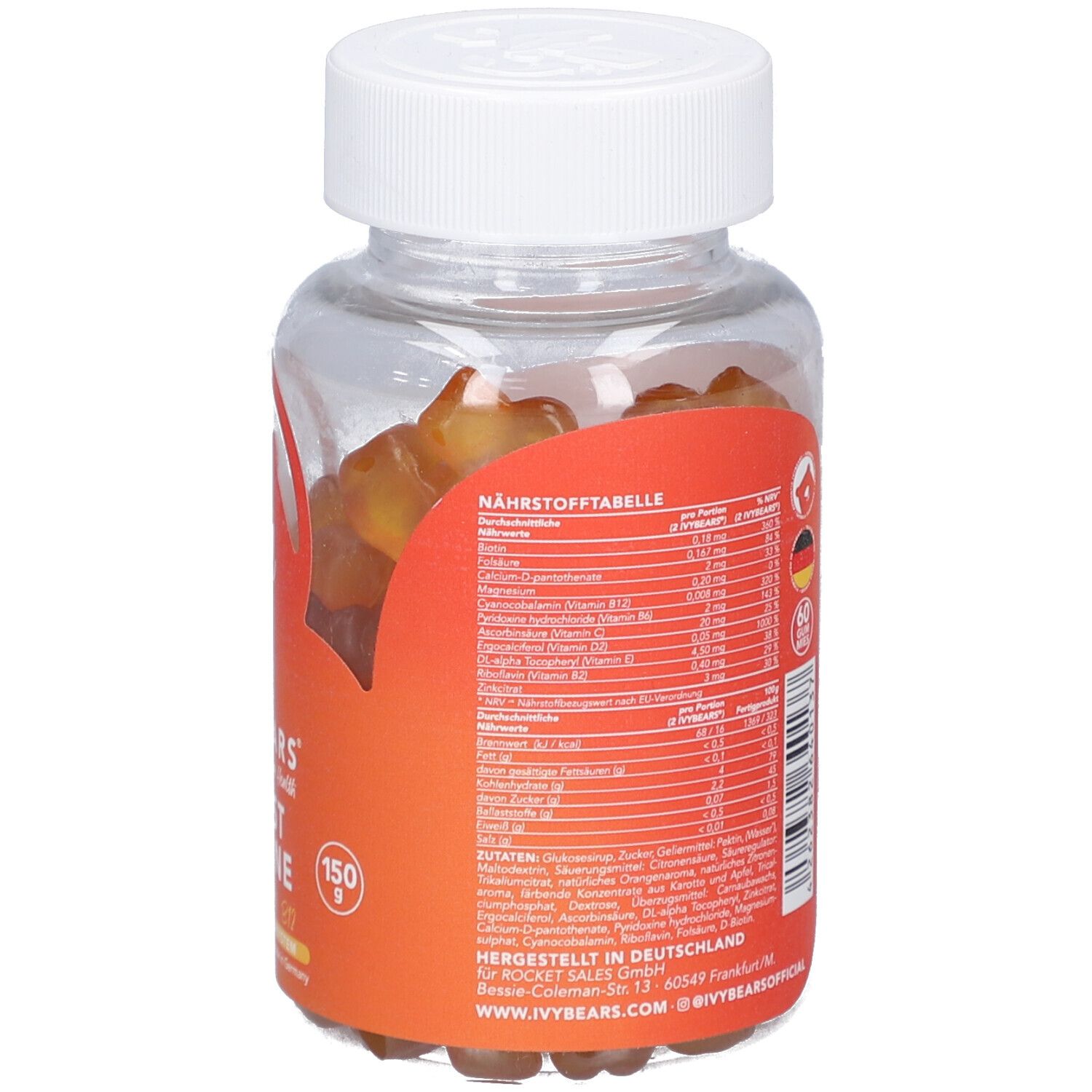 Rückseite der Dose mit Nährwerttabelle. Enthält Informationen zu Inhaltsstoffen. Hergestellt in Deutschland. Kontaktinformationen.