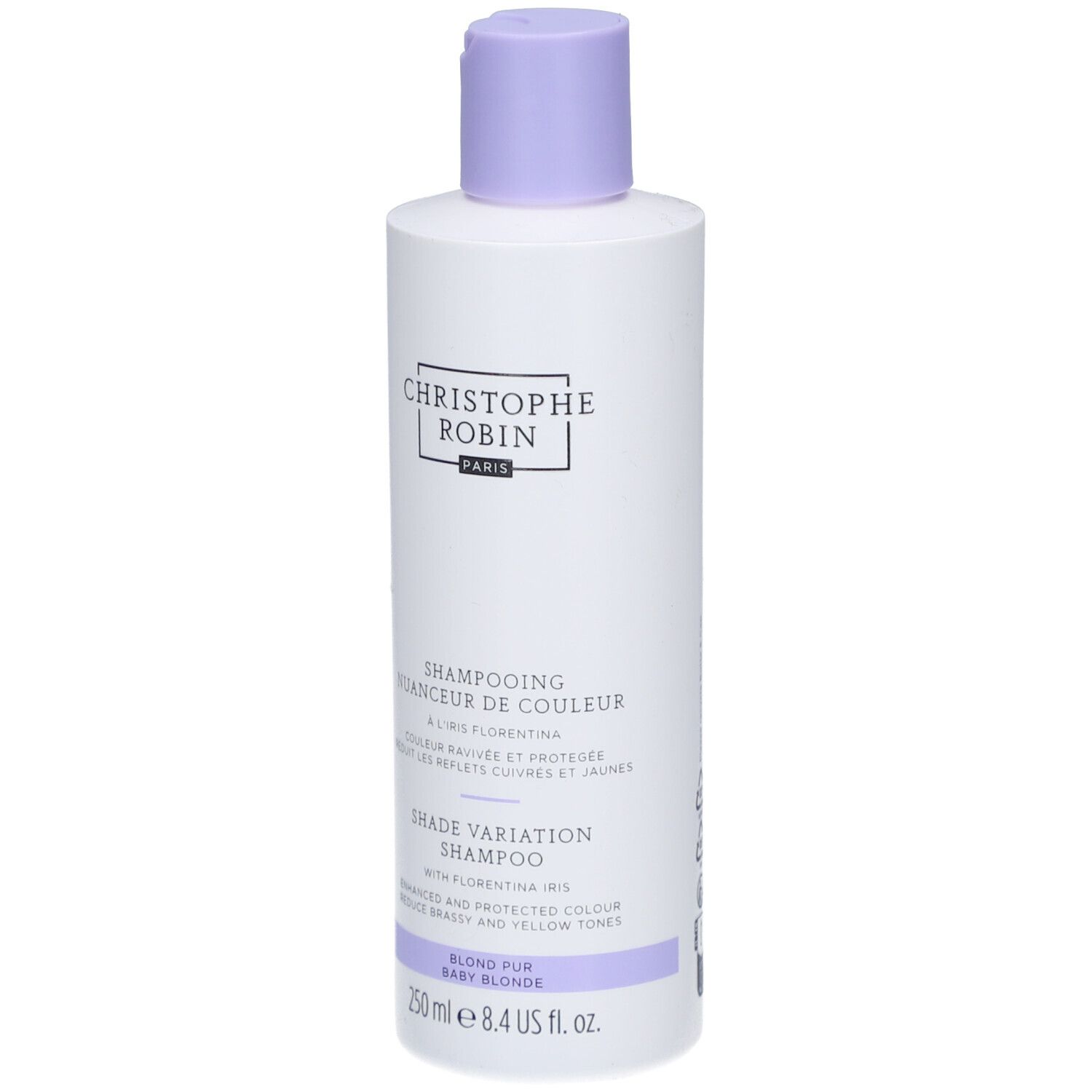 Weißes Shampoo-Fläschchen mit lila Deckel. Aufschrift: Christophe Robin Paris, Shampoo Nuanceur de Couleur, Shade Variation Shampoo, Blond Pur Baby Blonde.