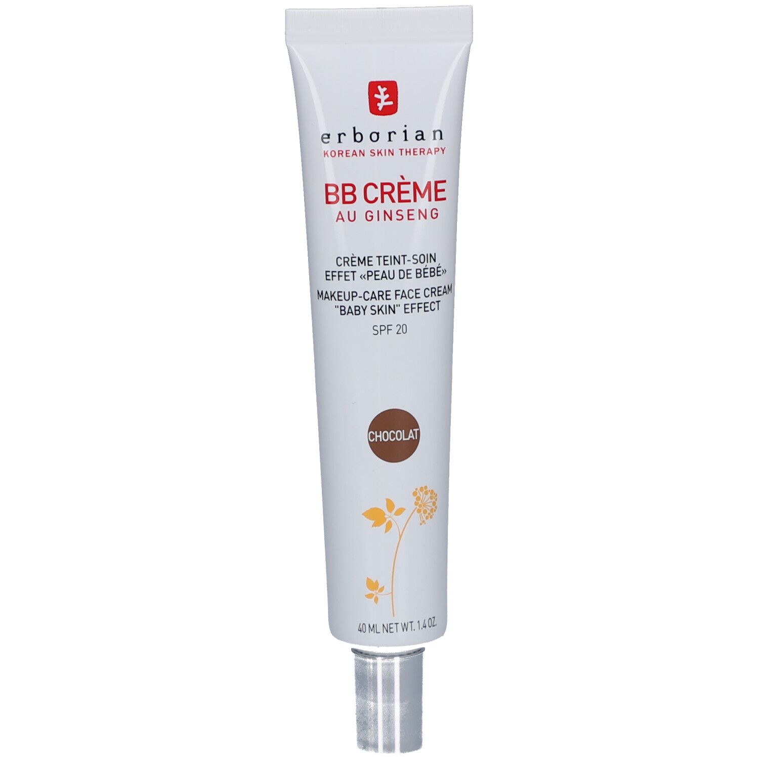 Weiße Tube mit BB Crème au Ginseng Chocolat. Marke und Produktbezeichnung deutlich sichtbar. SPF 20.