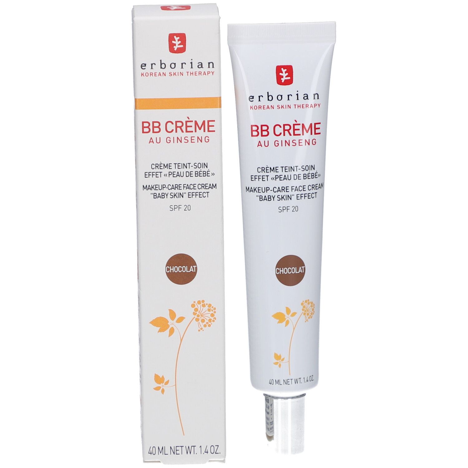 Produktverpackung: Tube und Schachtel. BB Crème au Ginseng Chocolat. Marke und Produktbezeichnung sichtbar.