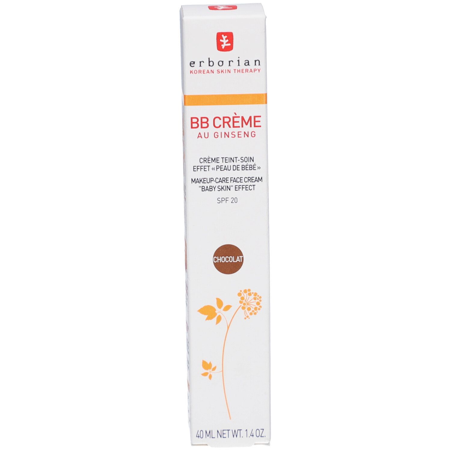 Weiße Schachtel mit BB Crème au Ginseng Chocolat. Marke und Produktbezeichnung deutlich sichtbar. SPF 20.