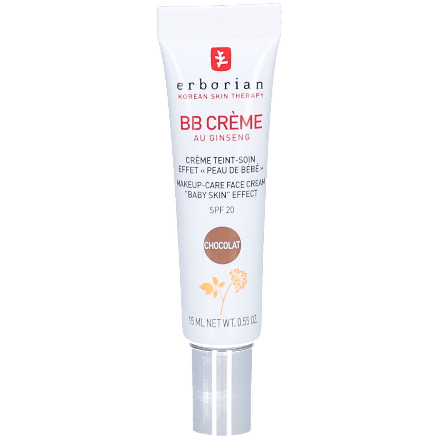 Weiße Tube mit BB Crème au Ginseng Chocolat. Silberne Kappe. Produktname und Marke sichtbar.