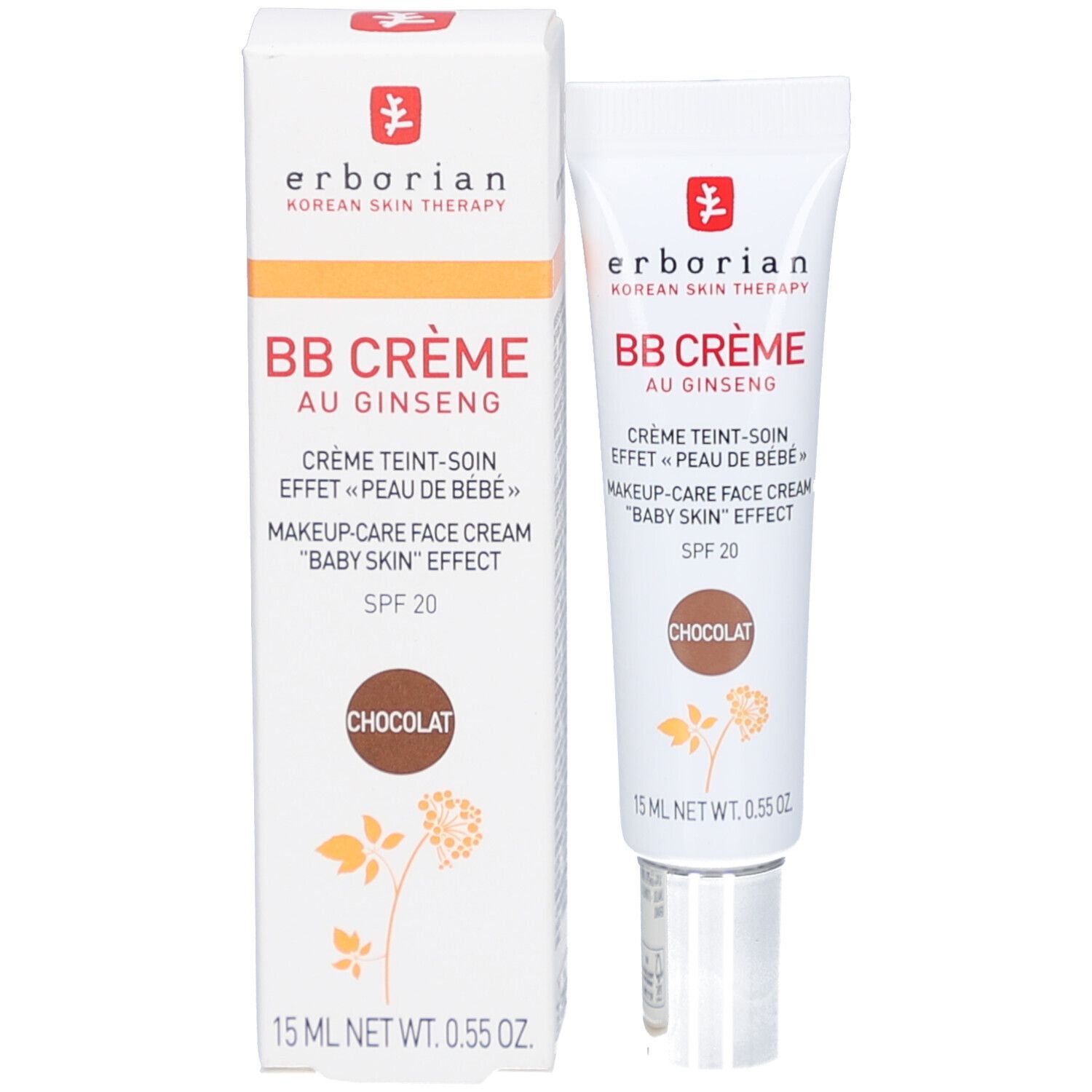 Produktverpackung und Tube. BB Crème au Ginseng Chocolat. Marke und Produktname deutlich sichtbar.