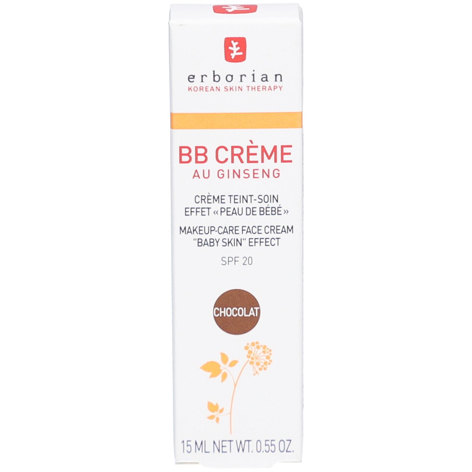 Produktverpackung. BB Crème au Ginseng Chocolat. Marke und Produktname deutlich sichtbar.